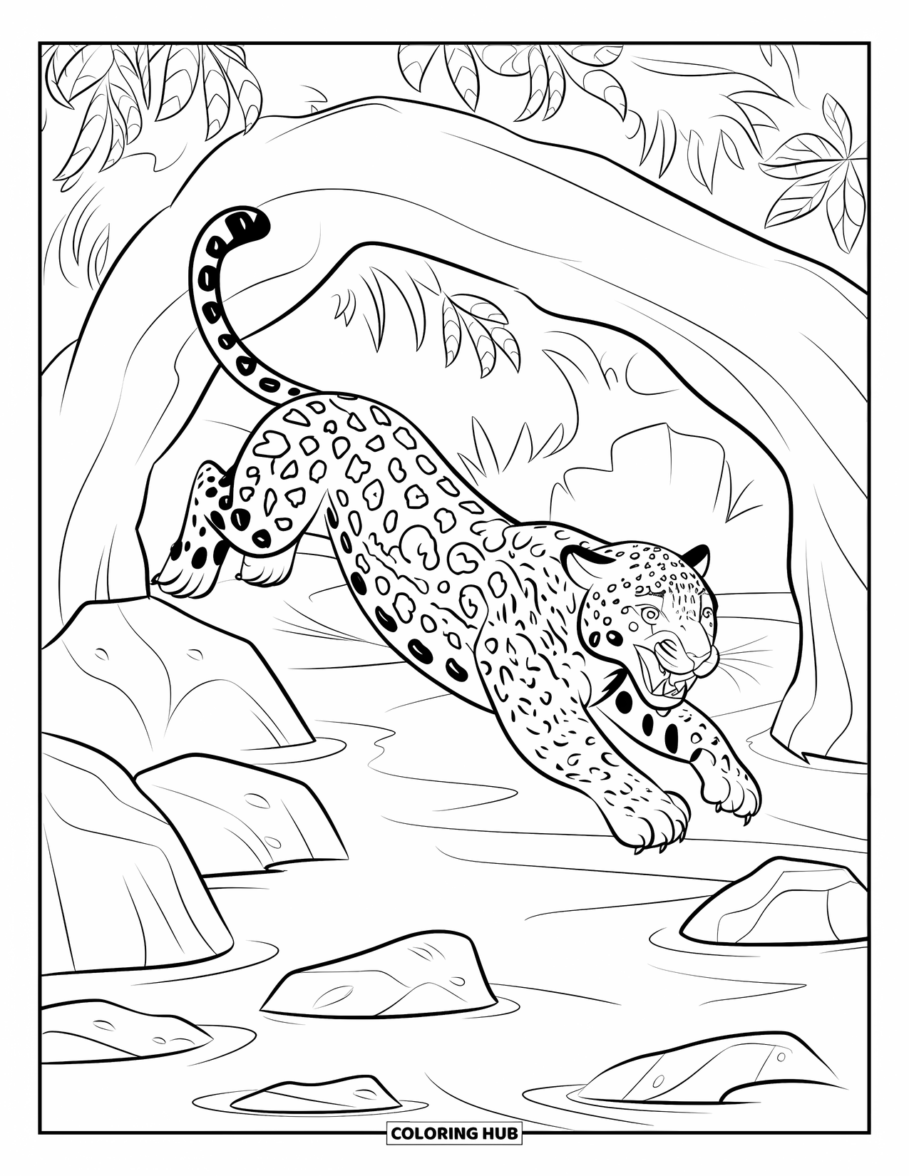 Jungle Animals Coloring Page for Kids: Jaguar with spotted coat leaping by jungle river