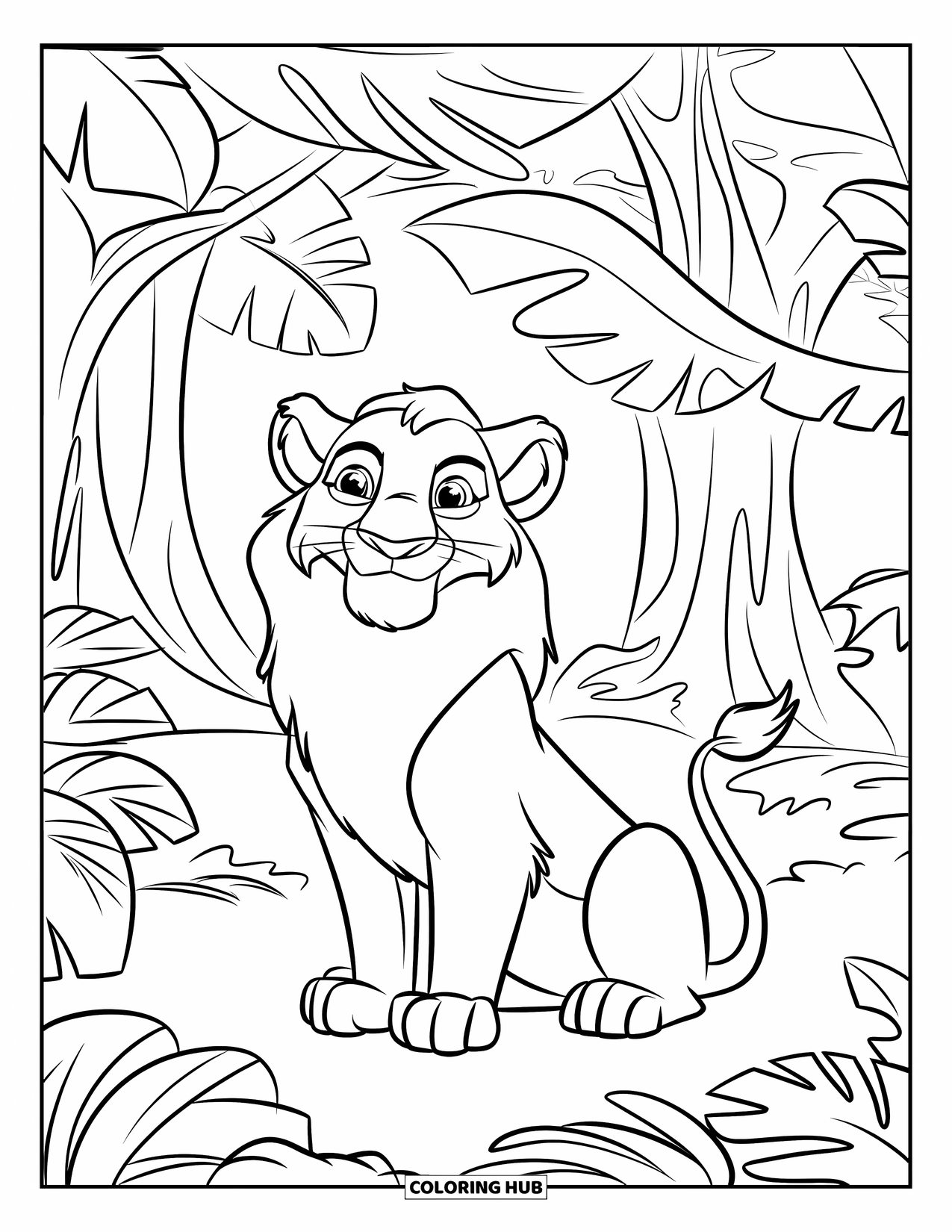 Jungle Animals Coloring Page for Kids: Lion smiling while sitting among jungle leaves