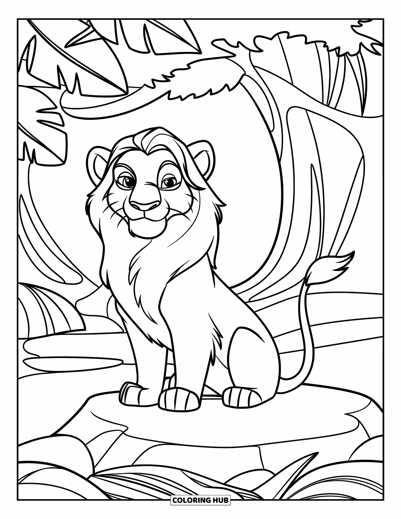 Jungle Animals Coloring Page for Kids: Lion with collar sitting in leafy jungle setting
