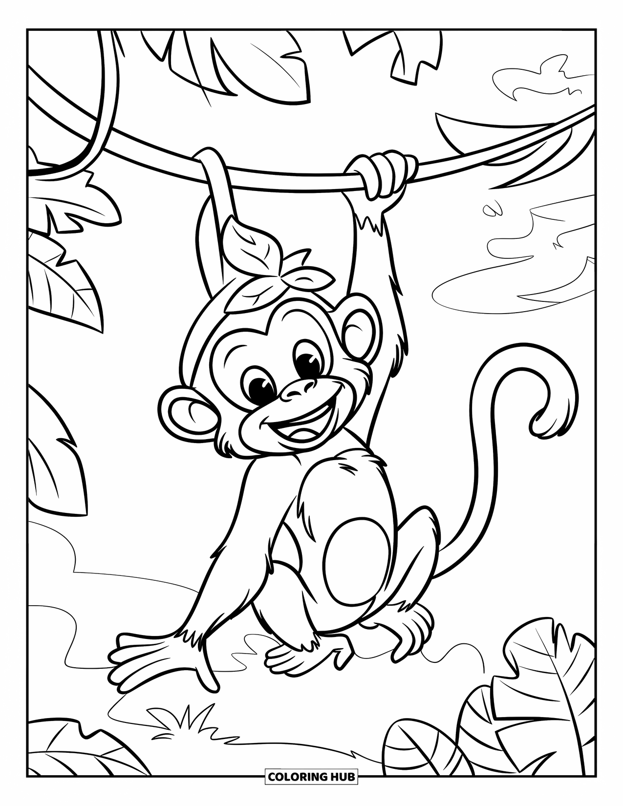 Jungle Animals Coloring Page for Kids: Monkey with leaf hat hanging from jungle vine