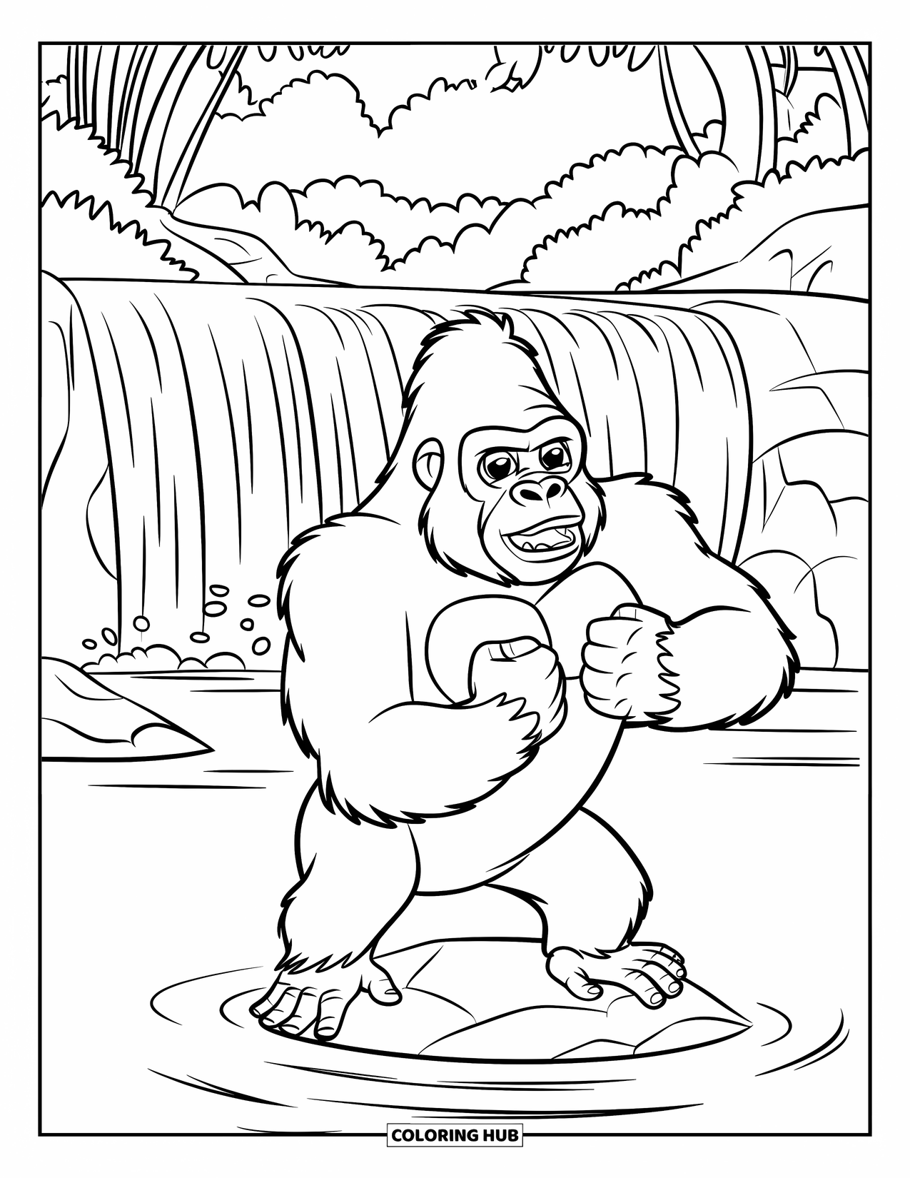 Jungle Animals Coloring Page for Kids: Muscular gorilla standing by a waterfall with lush greenery
