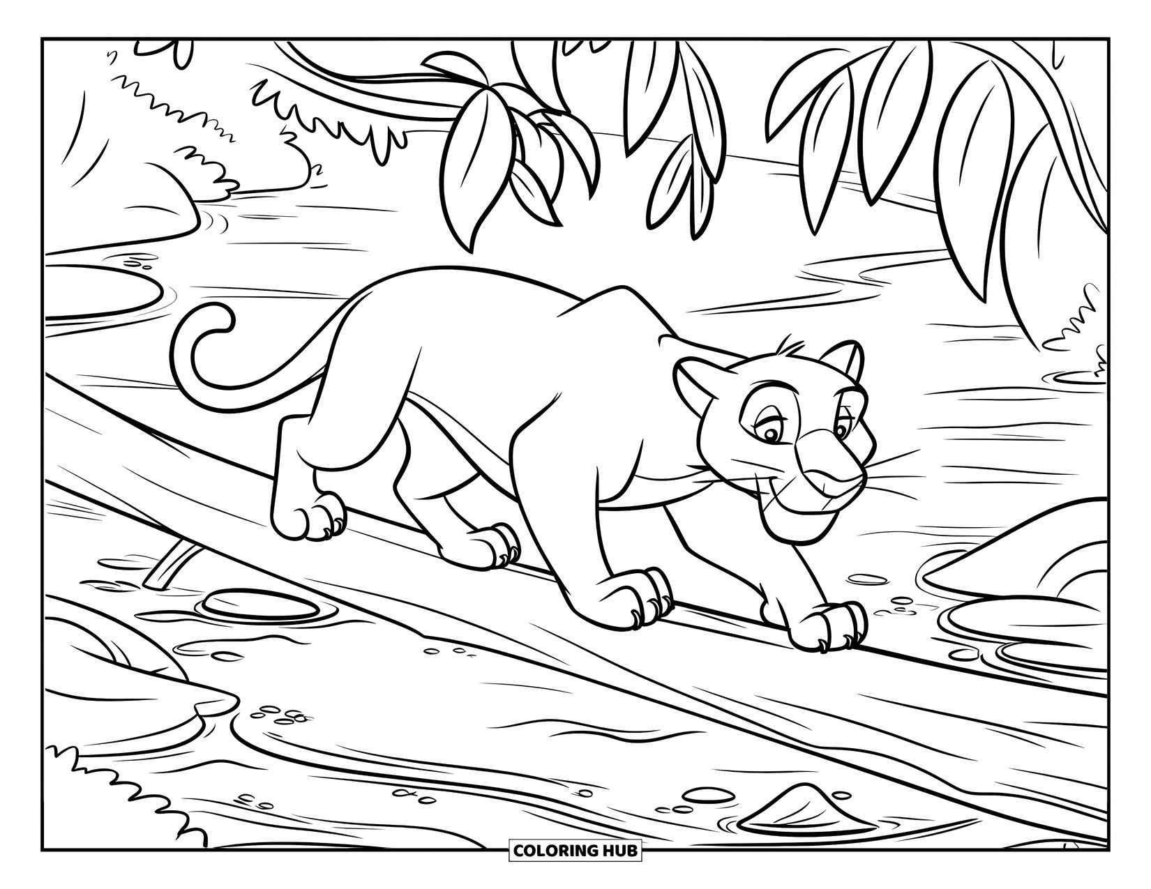 Jungle Animals Coloring Page for Kids: Panther on a log above a jungle stream with rocks