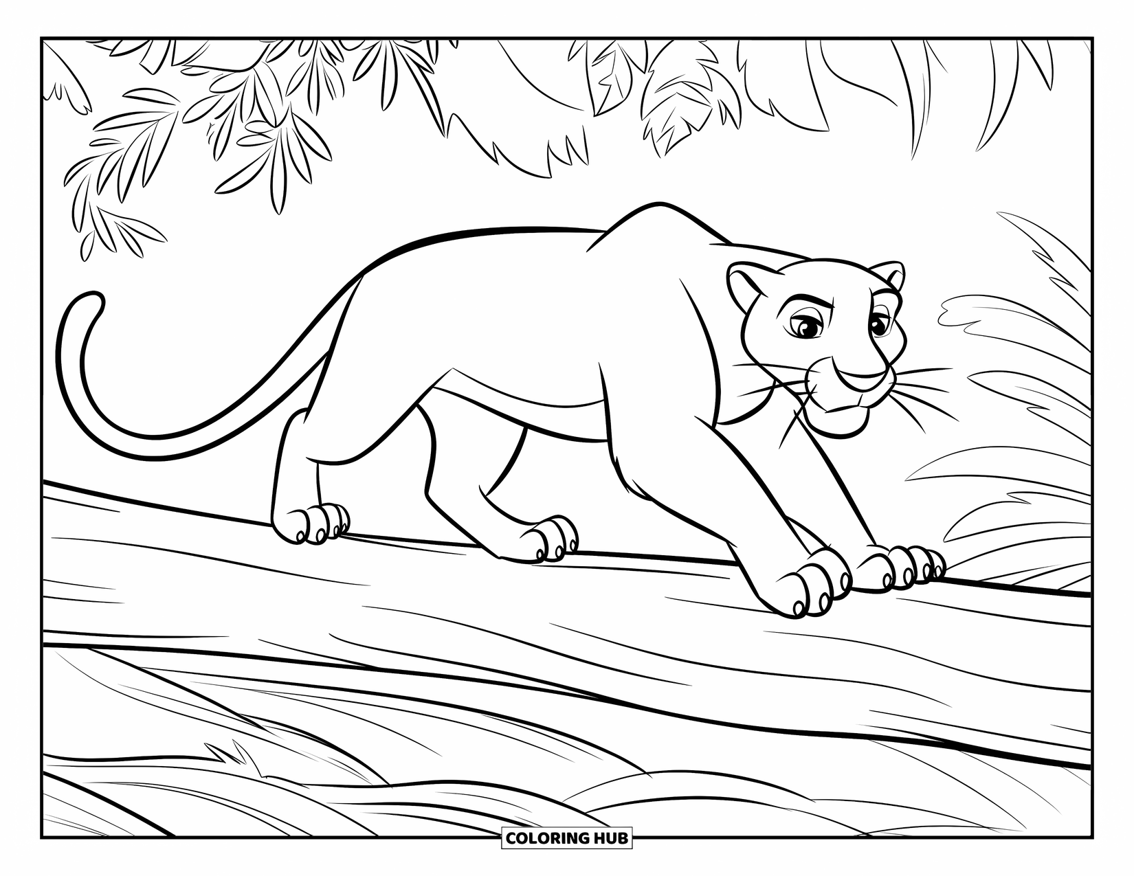 Jungle Animals Coloring Page for Kids: Panther walking on a log over a rushing jungle stream