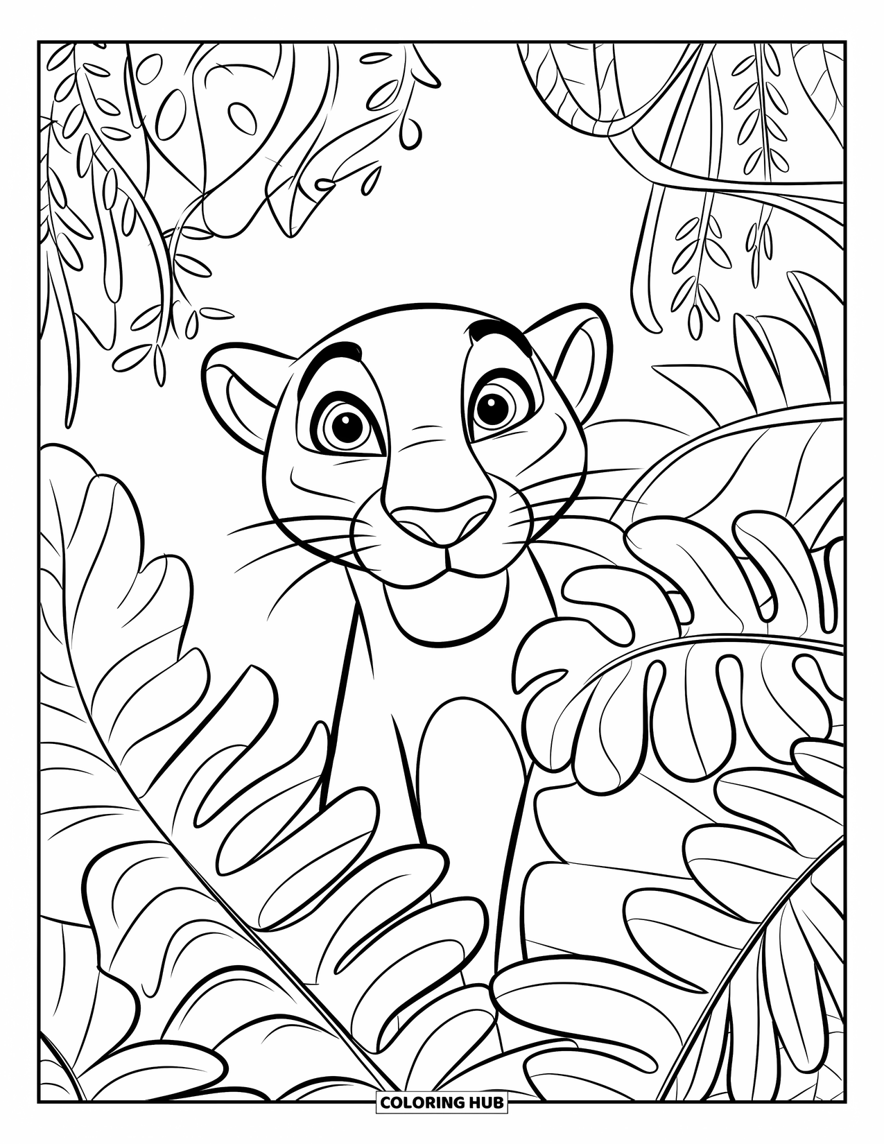 Jungle Animals Coloring Page for Kids: Panther with big eyes peeking through dense jungle leaves