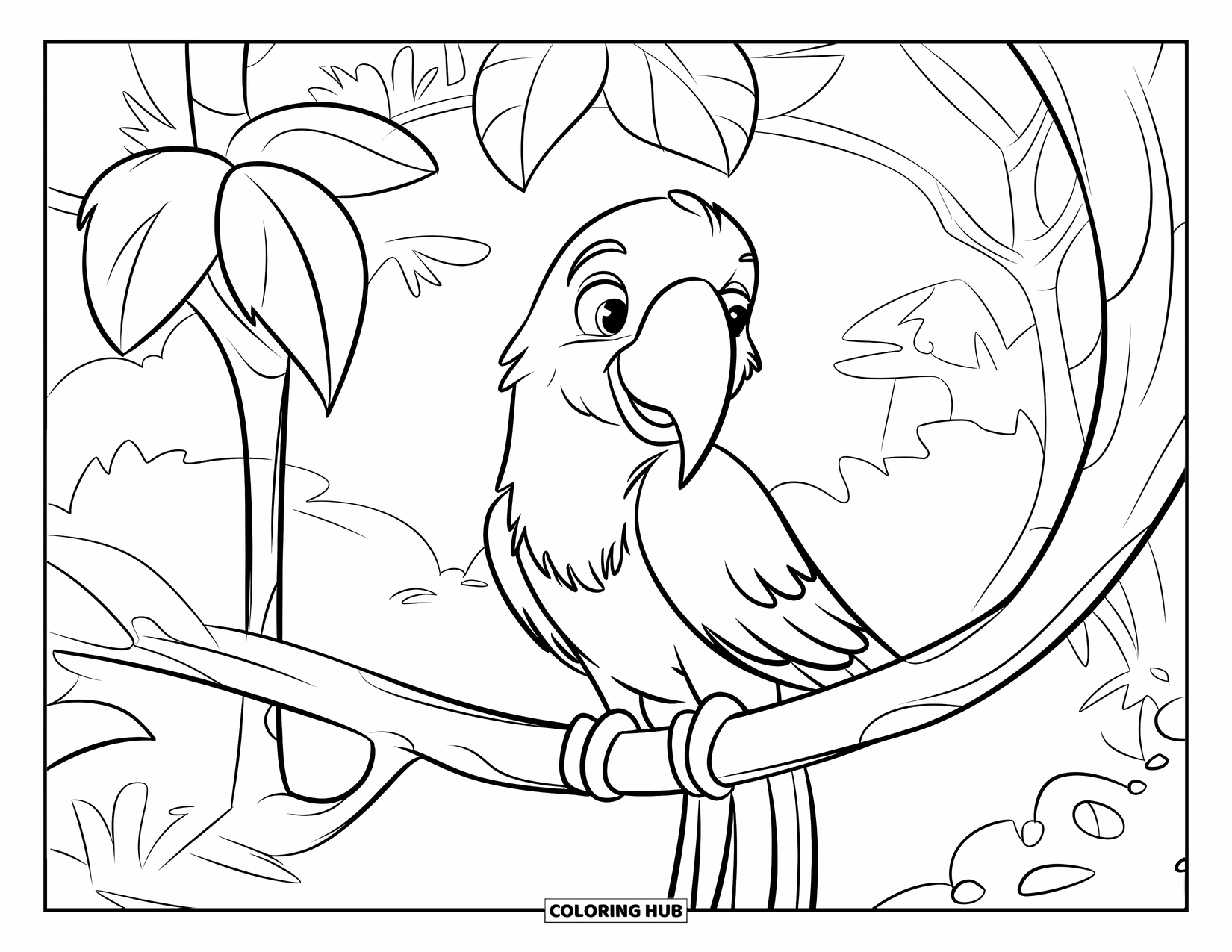 Jungle Animals Coloring Page for Kids: Parrot perched on a jungle tree branch with leaves
