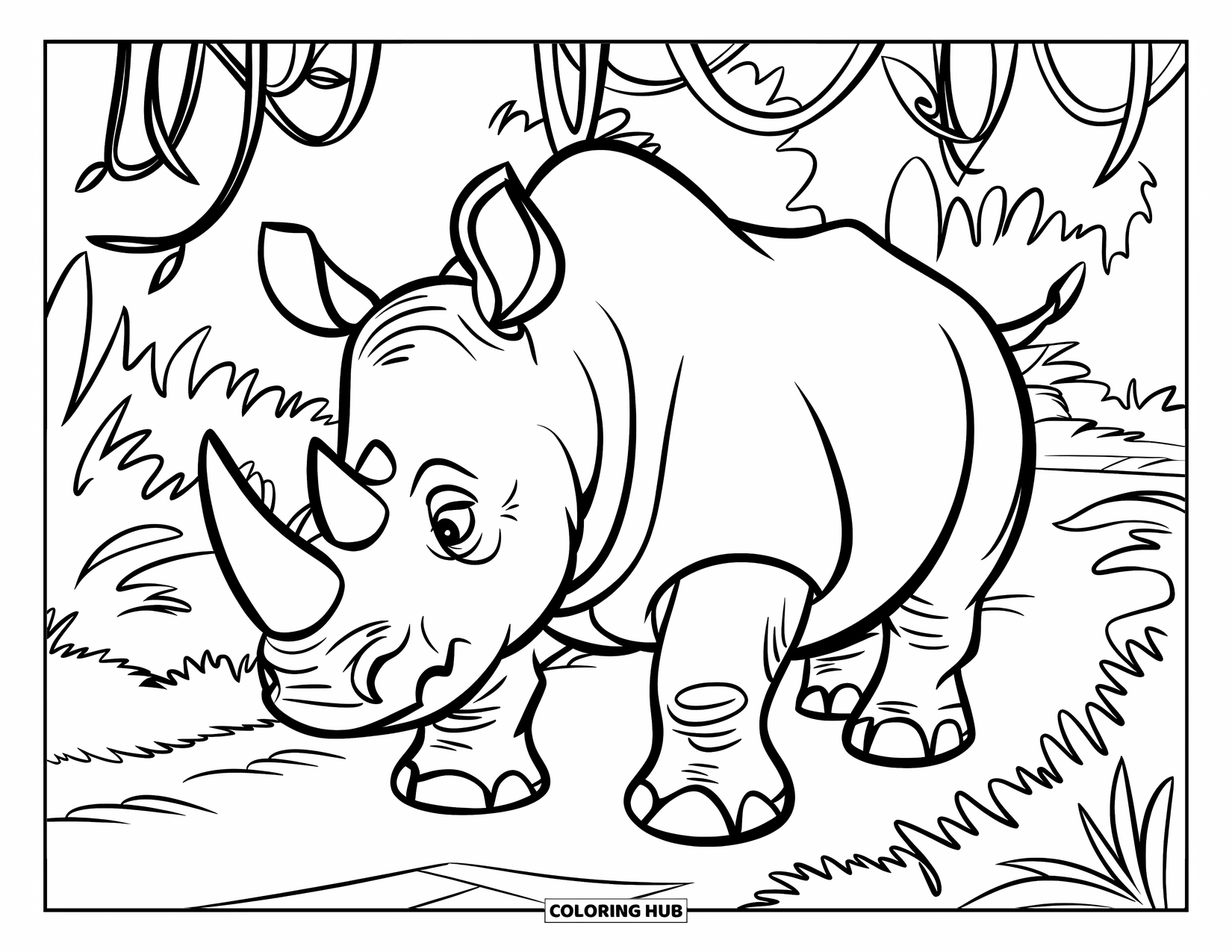 Jungle Animals Coloring Page for Kids: Rhino stomping along a jungle trail with vines