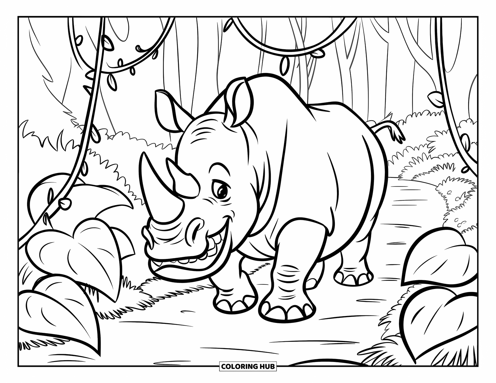 Jungle Animals Coloring Page for Kids: Rhino with wide grin stomping through leafy jungle