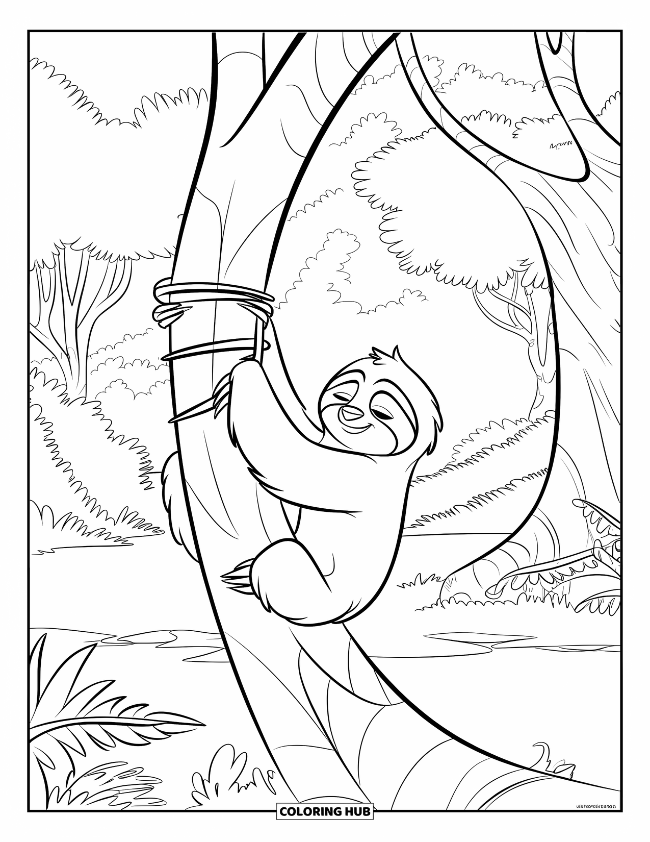 Jungle Animals Coloring Page for Kids: Sloth with eyes closed climbing a jungle tree