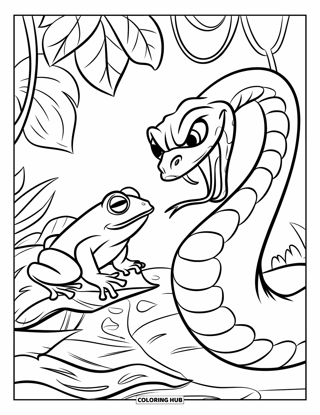 Jungle Animals Coloring Page for Kids: Snake and frog in a tense standoff among jungle leaves