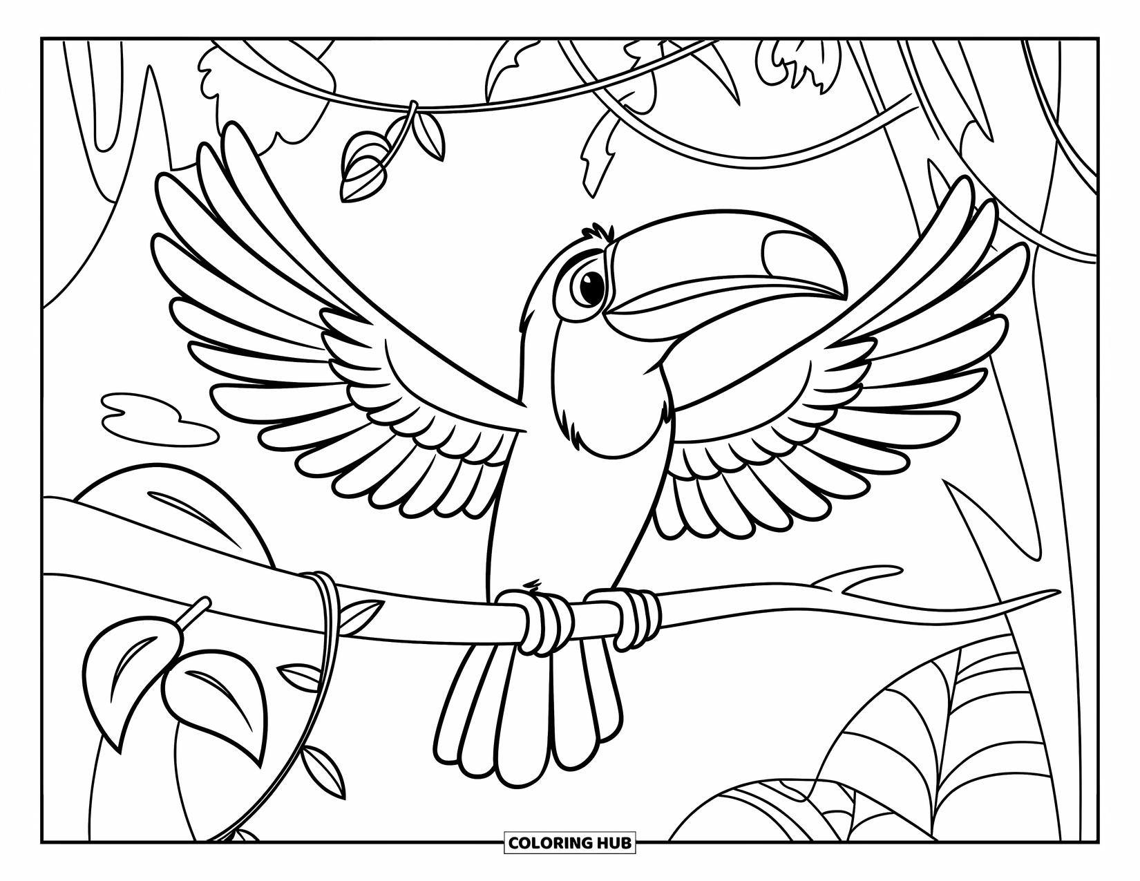 Jungle Animals Coloring Page for Kids: Toucan perched on a branch stretching wings in rainforest