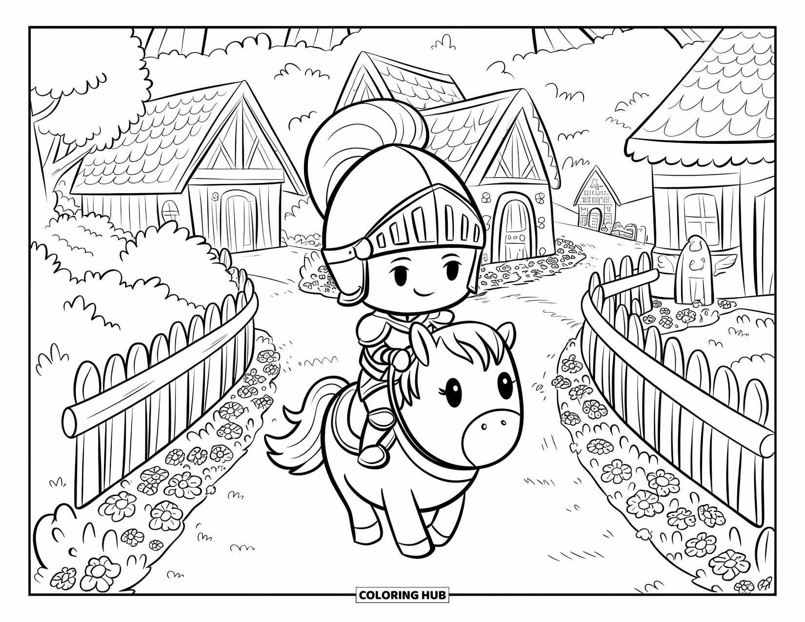 Knight Coloring Page for Adults: A chibi knight on a round pony trots past fences, flowers, and cozy village cottages