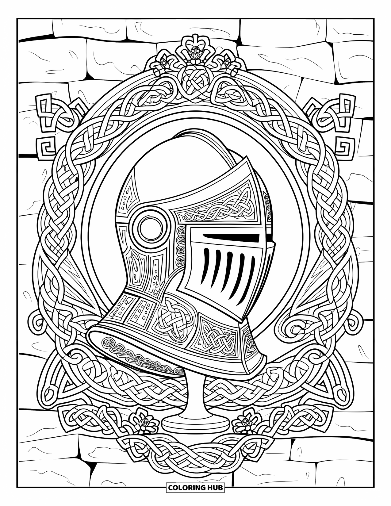 Knight Coloring Page for Adults: A helmet with swirling patterns stands beside a textured stone wall