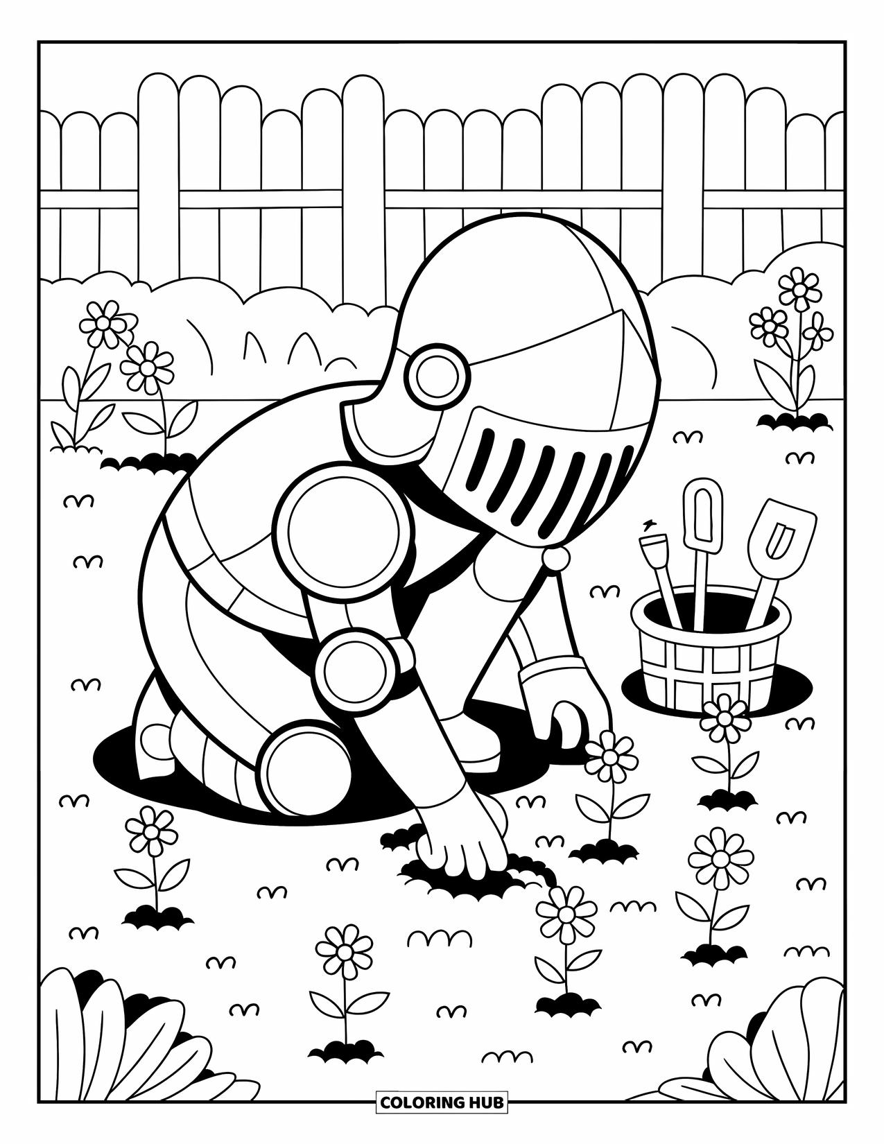 Knight Coloring Page for Adults: A kawaii knight plants flowers in a garden beside a basket of tiny tools and a fence