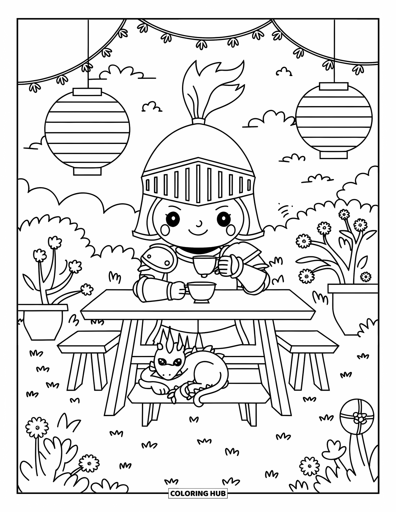 Knight Coloring Page for Adults: A kawaii knight sips tea in a garden while a tiny dragon naps under the bench