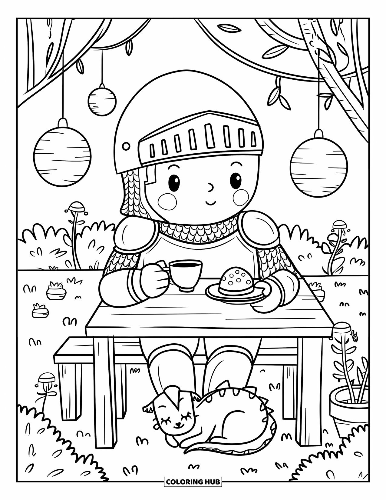 Knight Coloring Page for Adults: A knight enjoys tea and a scone in a garden with a tiny dragon under the bench