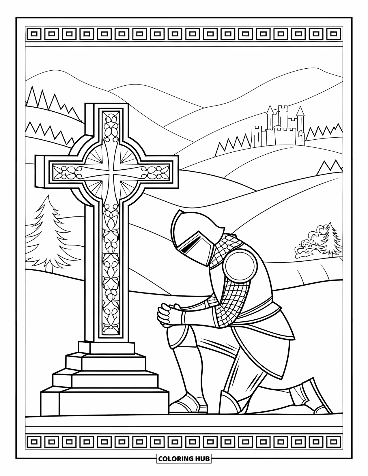 Knight Coloring Page for Adults: A knight kneels beside a carved cross in a peaceful setting with hills and trees