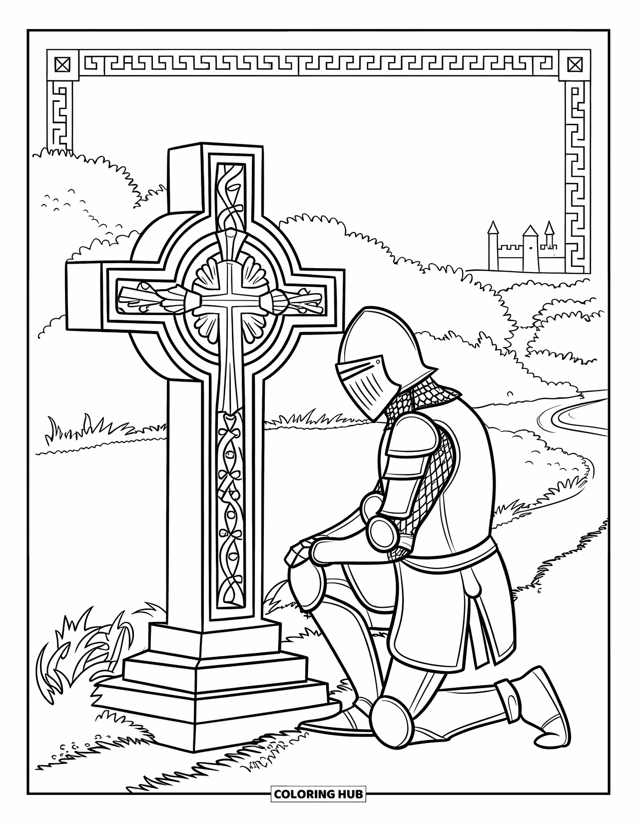 Knight Coloring Page for Adults: A knight kneels by a patterned cross with a castle path in the distance