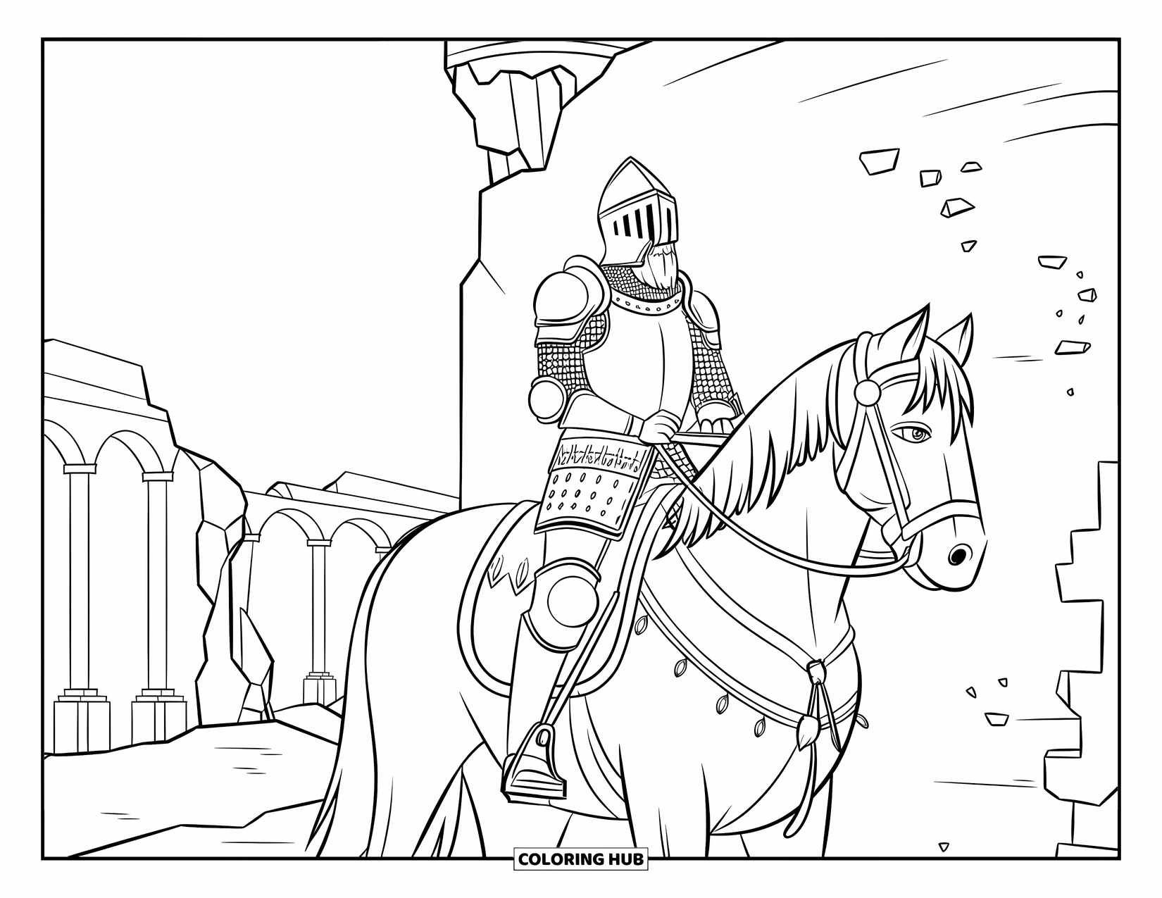 Knight Coloring Page for Adults: A knight on a strong horse halts by a ruined castle with arches and pillars