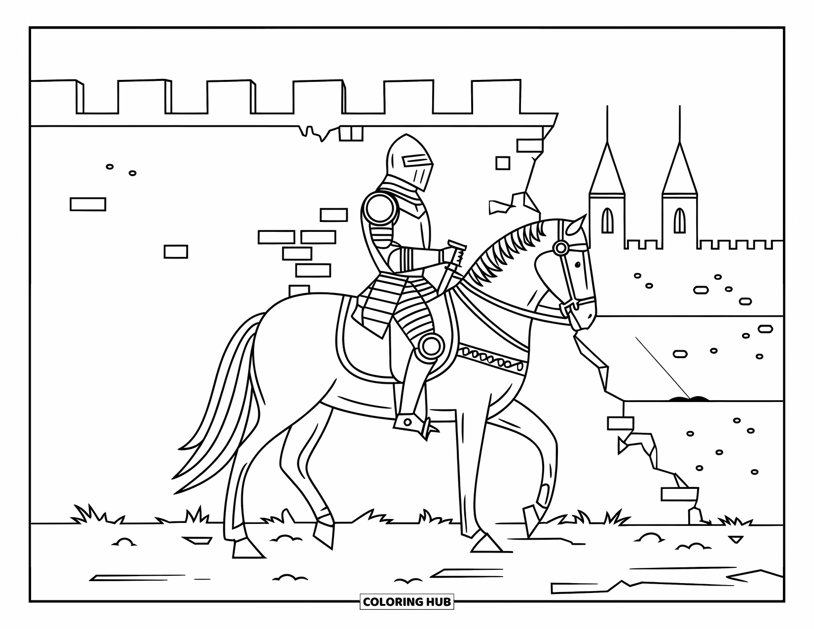 Knight Coloring Page for Adults: A knight on horseback stops by a cracked castle wall with uneven ground beneath