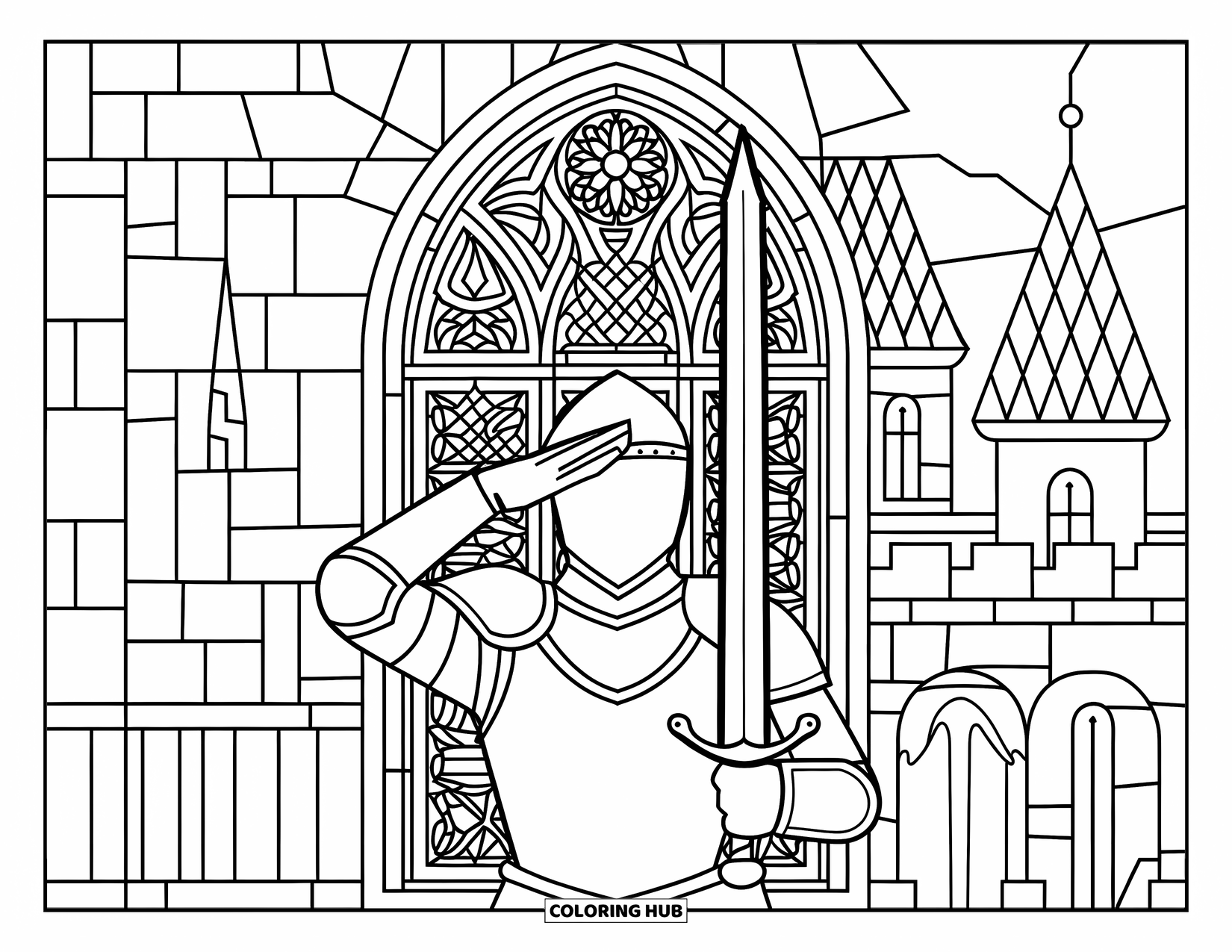 Knight Coloring Page for Adults: A knight raises his sword before an ornate stained glass window and castle turrets
