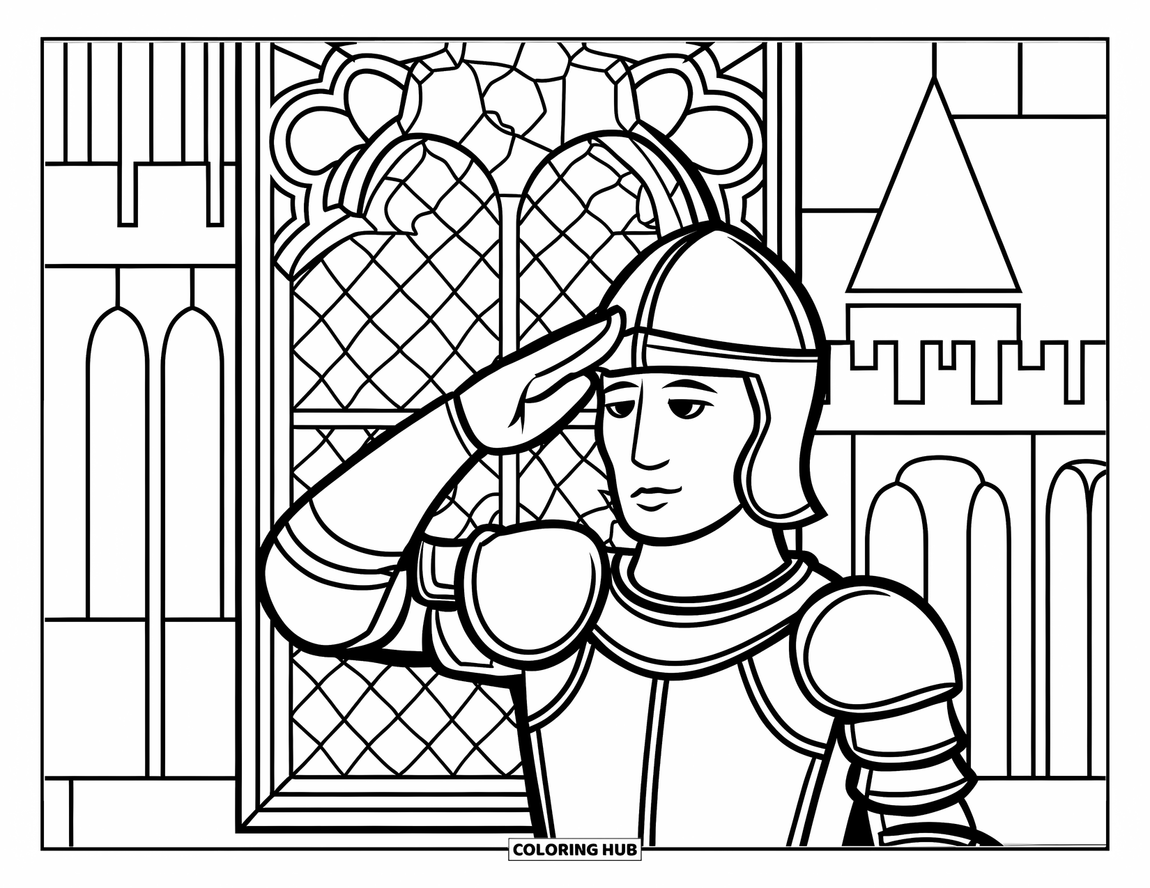 Knight Coloring Page for Adults: A knight salutes in front of a stained glass window with crosses near a castle