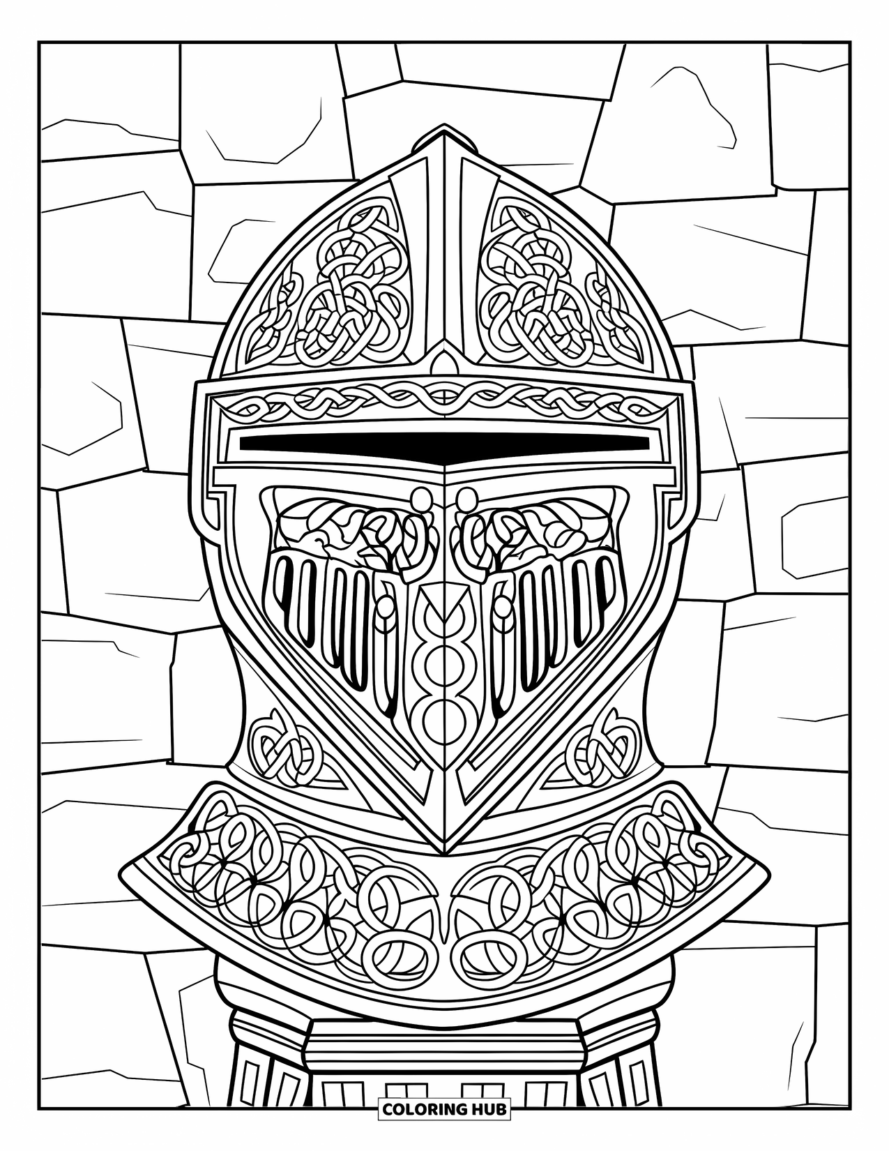 Knight Coloring Page for Adults: A knight's helmet with floral and Celtic patterns rests on a pedestal