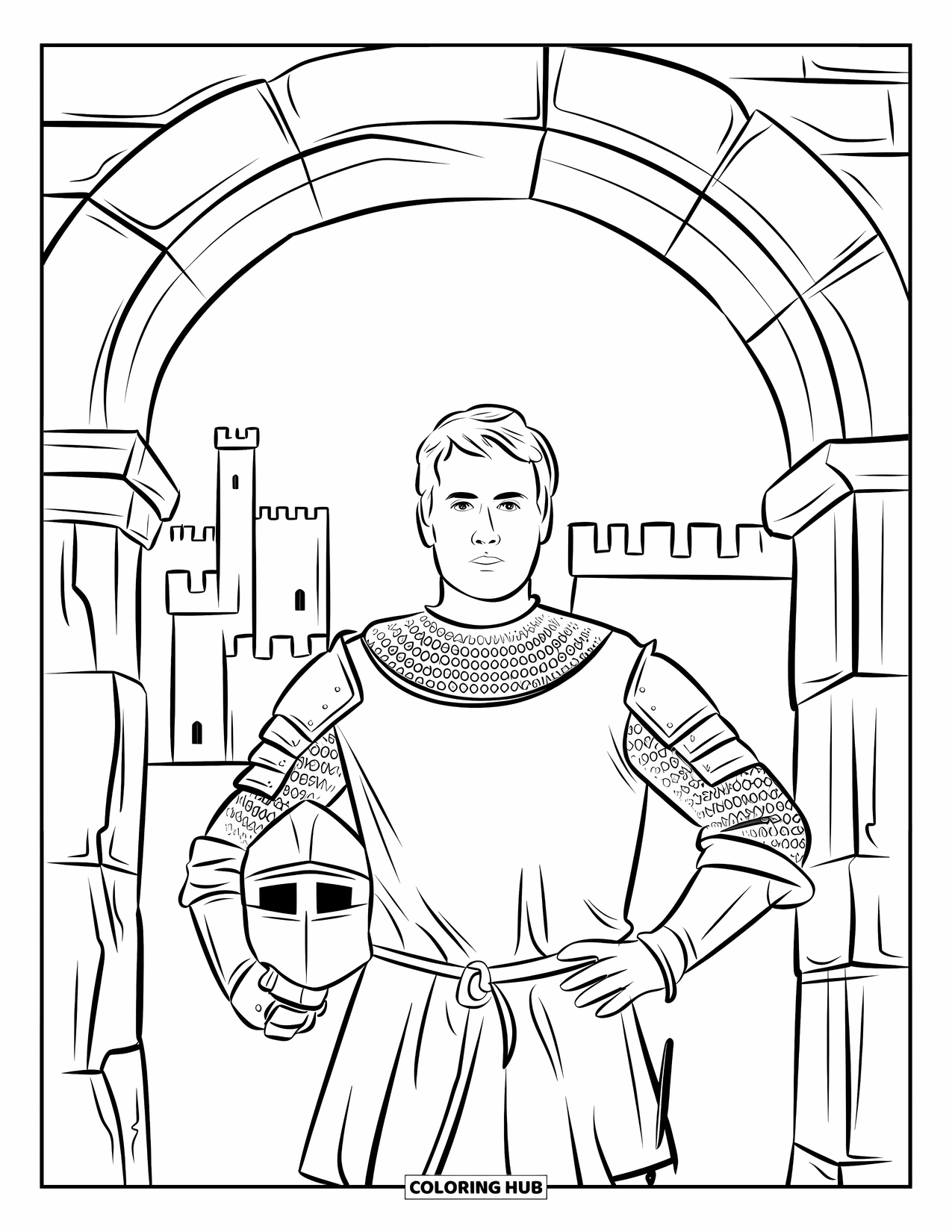 Knight Coloring Page for Adults: A lone knight stands under an ancient arch with his helmet tucked under one arm