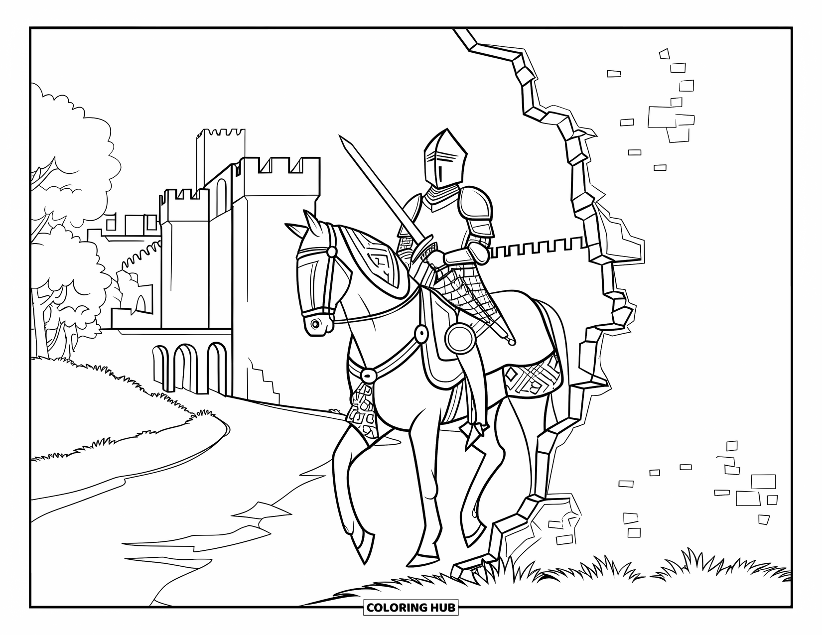 Knight Coloring Page for Adults: A mounted knight pauses beside a crumbling wall near a castle and forest path