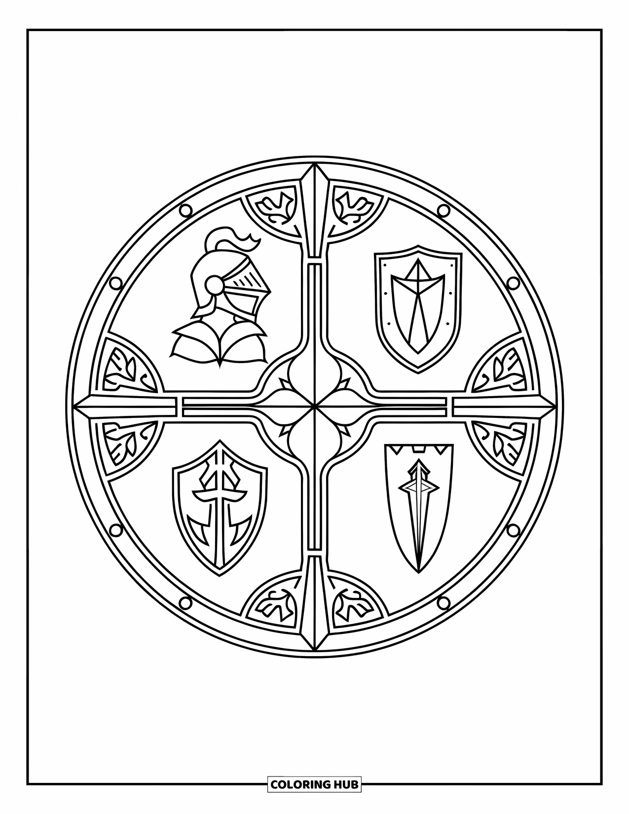 Knight Coloring Page for Adults: A round shield divided into four parts, each with a unique knight symbol