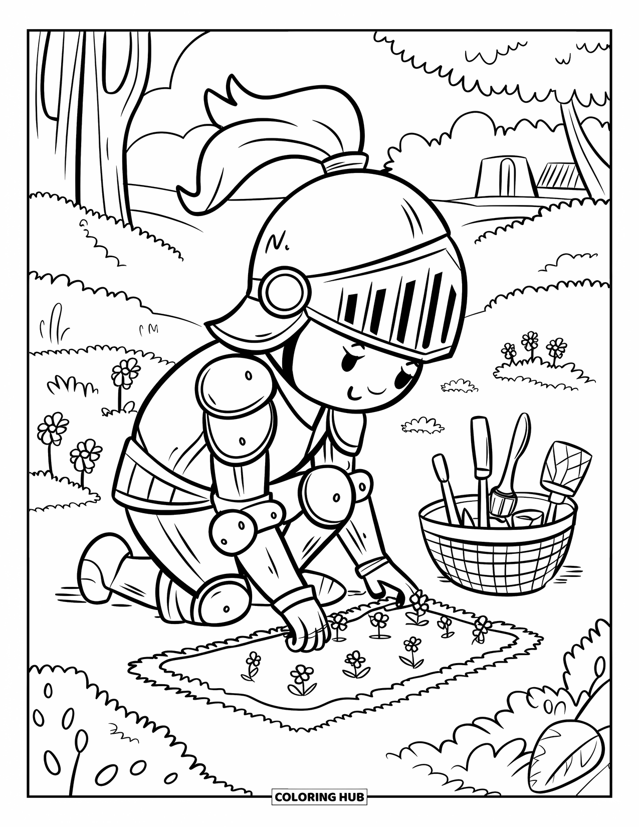 Knight Coloring Page for Adults: A tiny knight plants flowers in a peaceful garden with trees and a distant cottage