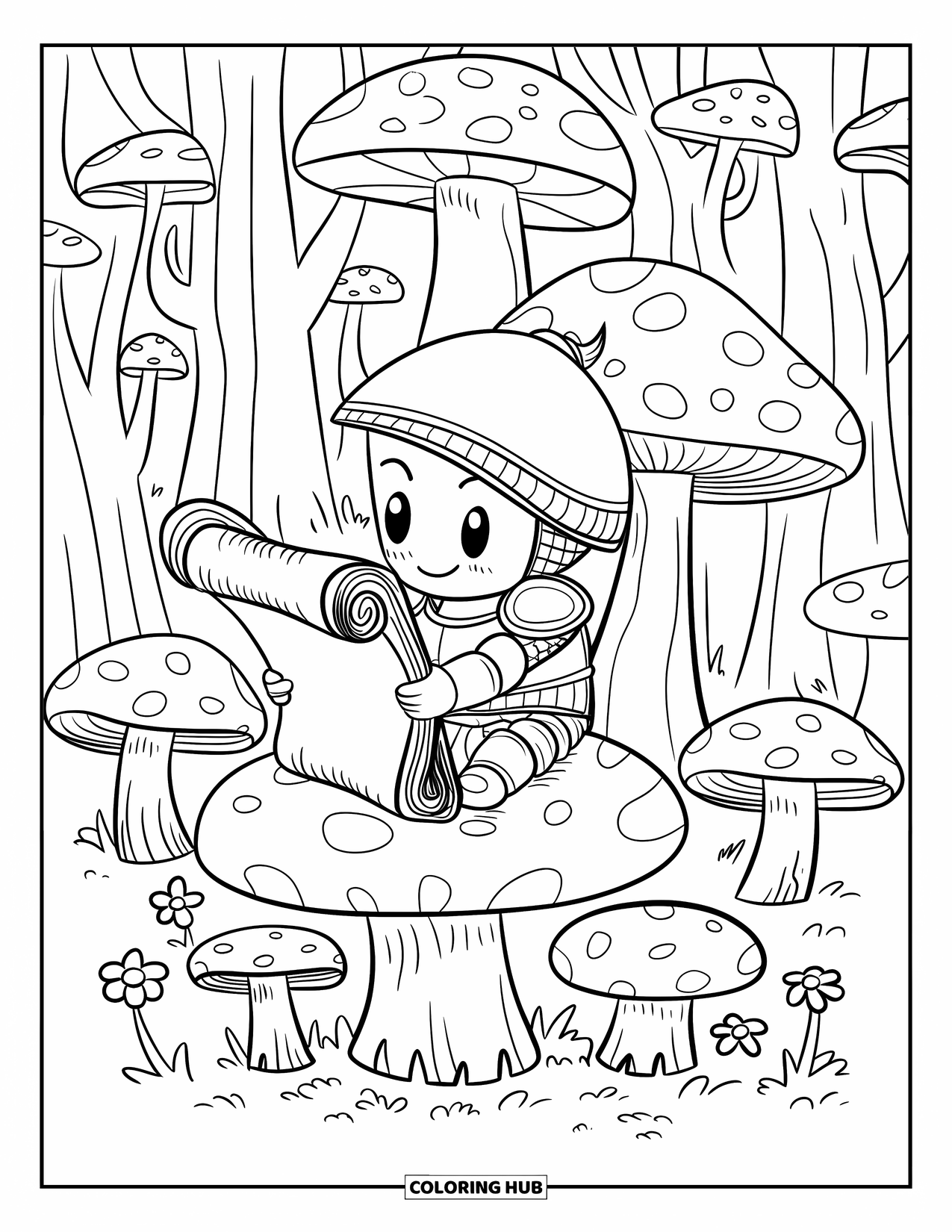 Knight Coloring Page for Adults: A tiny knight reads a scroll on a mushroom stool in a forest of mushroom trees