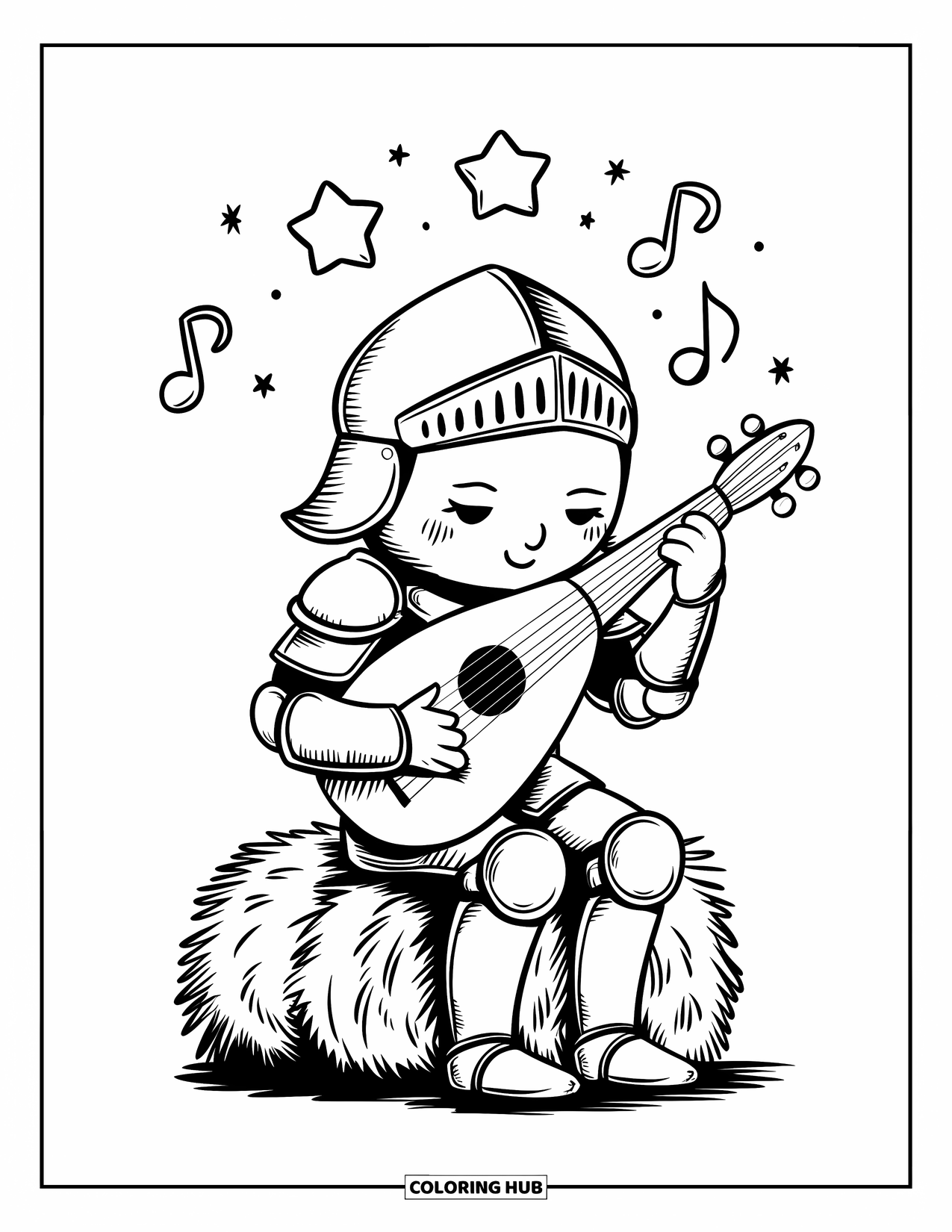 Knight Coloring Page for Adults: A tiny knight strums a lute on a hay bale with stars and notes above