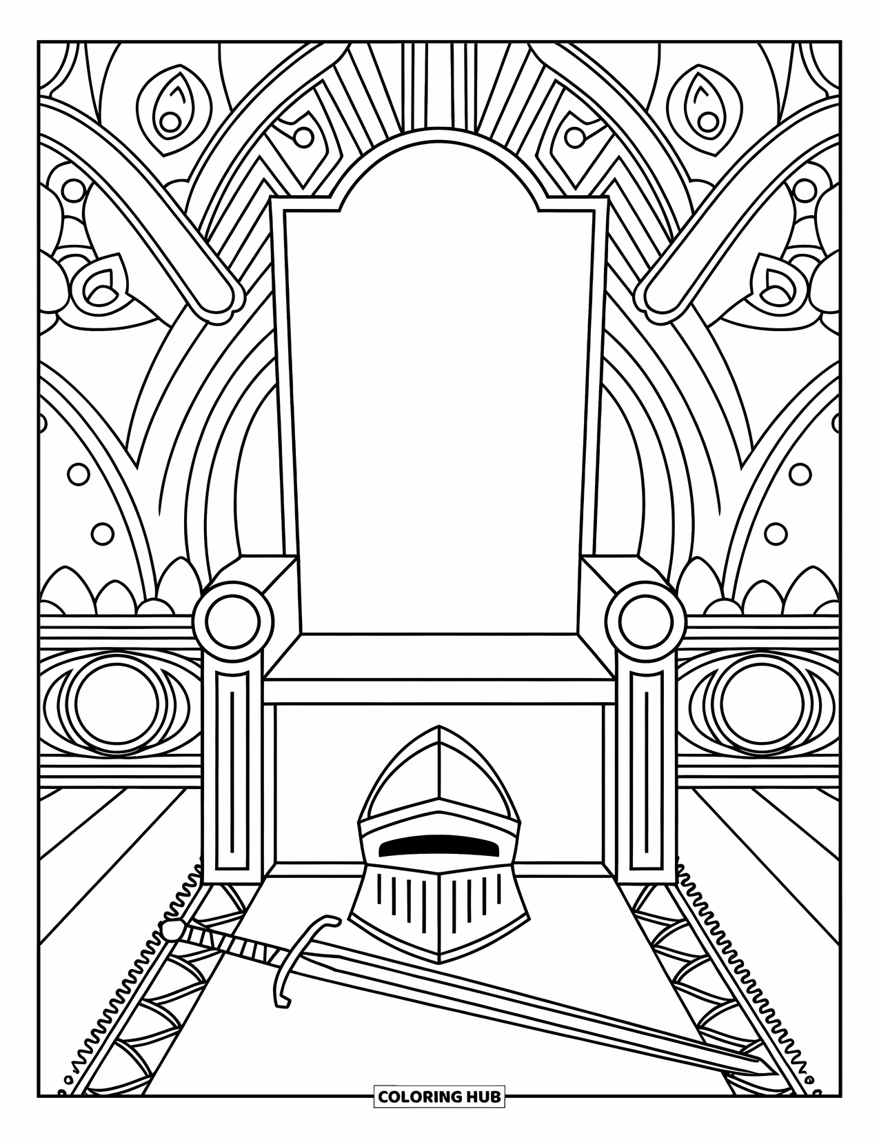 Knight Coloring Page for Adults: An empty throne with a helmet and sword resting at its base