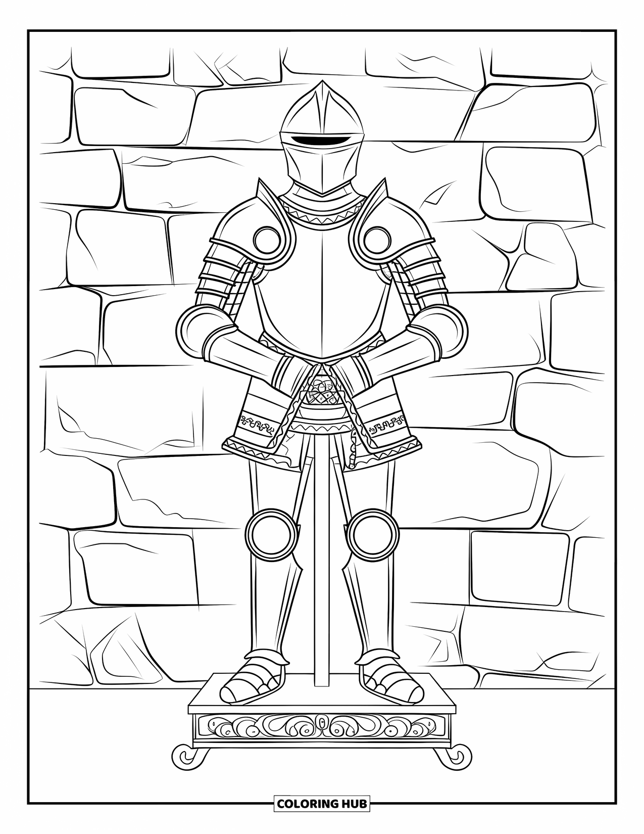 Knight Coloring Page for Adults: Armor with elegant carvings stands on a display near a cracked stone wall