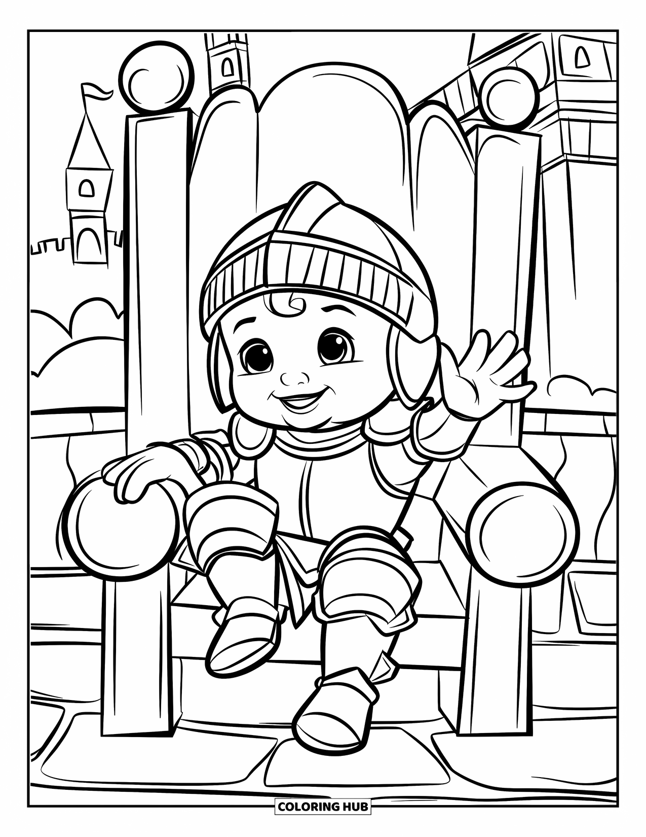 Knight Coloring Page for Kids: A baby knight waves while sitting on a stone throne near a castle with towers