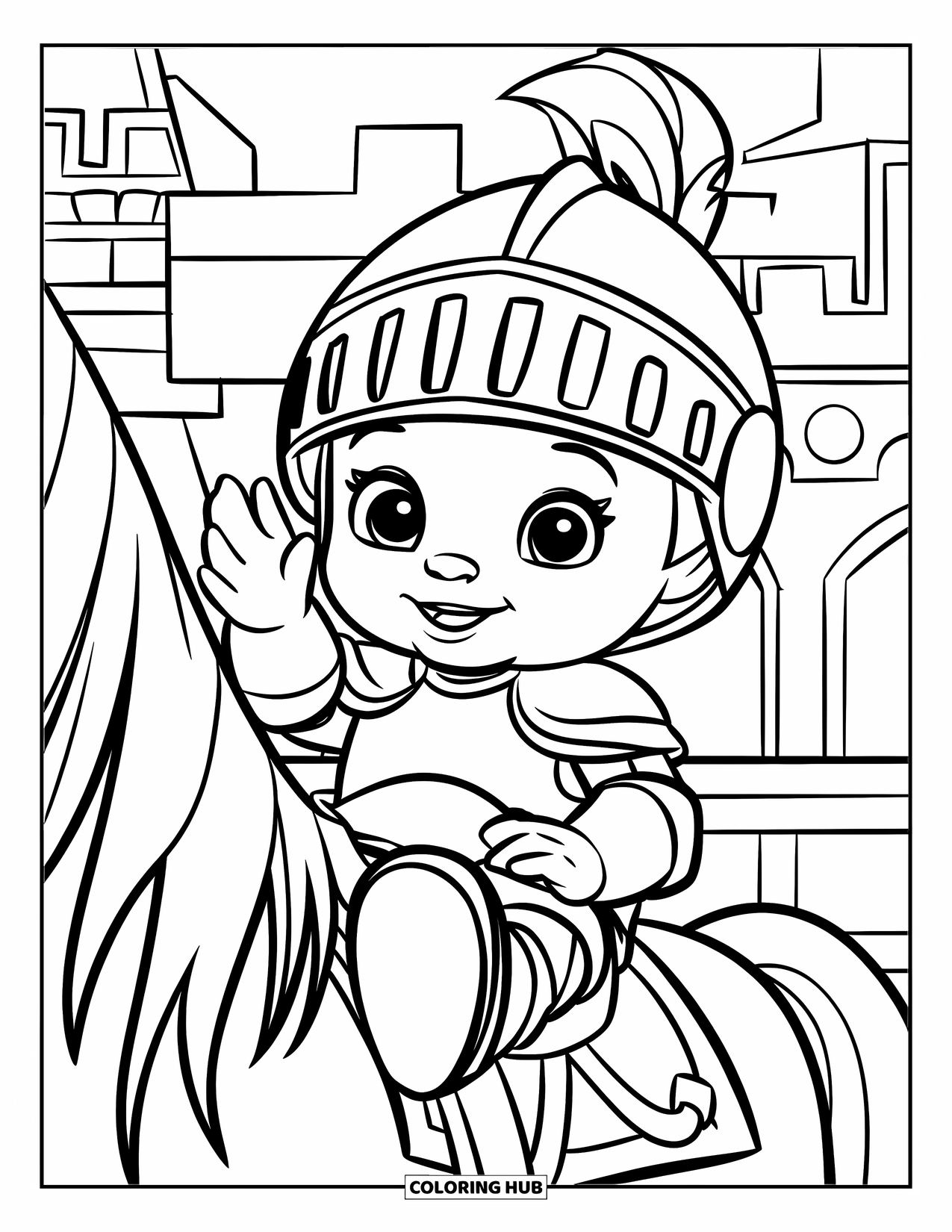 Knight Coloring Page for Kids: A baby knight with big boots waves from horseback near a castle