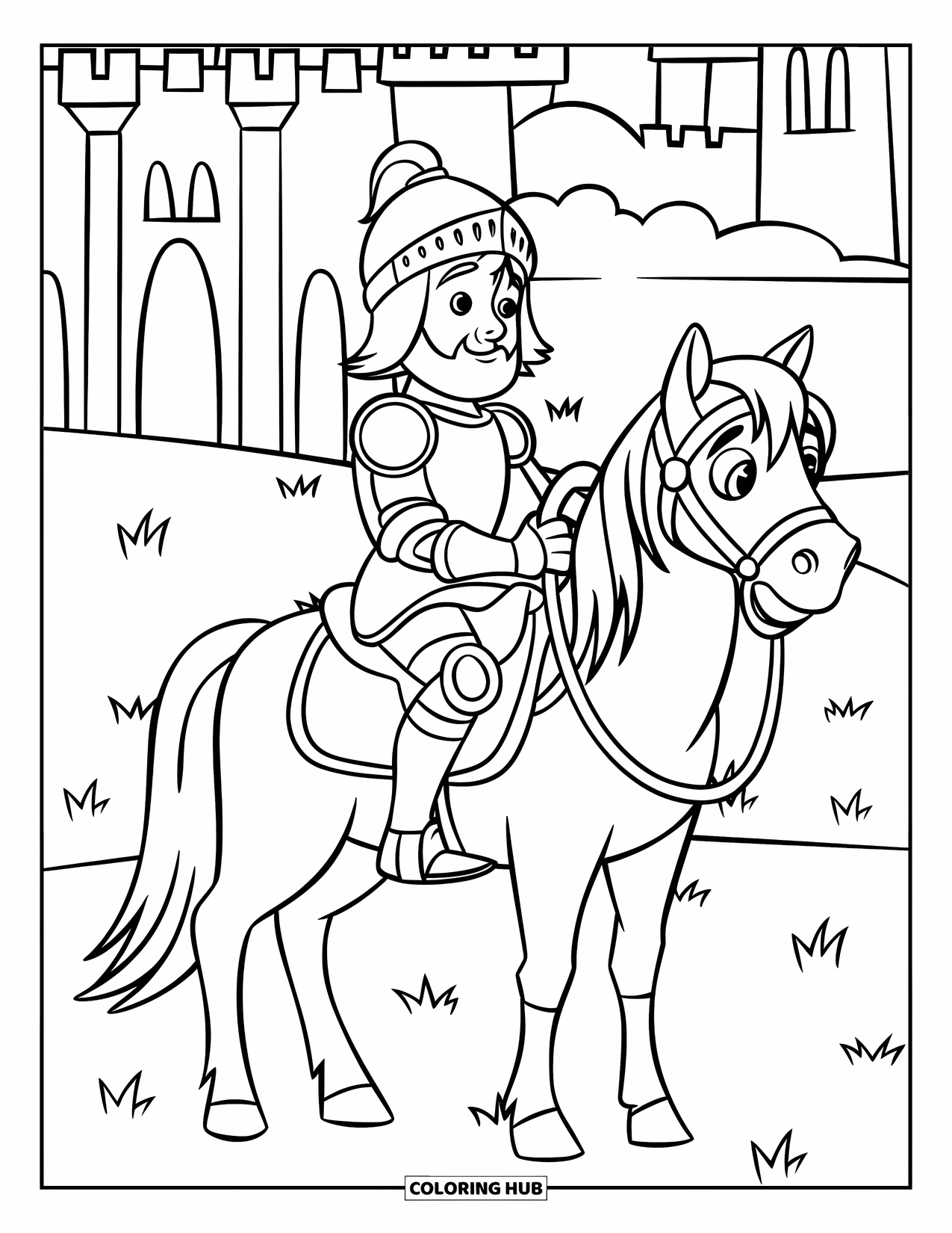 Knight Coloring Page for Kids: A bearded knight sits on a tiny horse in a field with a castle behind
