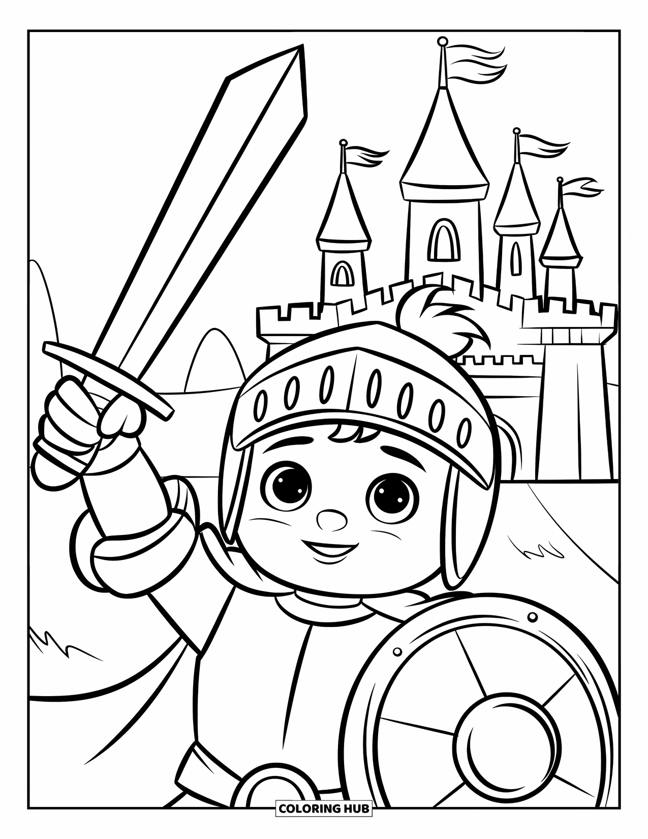 Knight Coloring Page for Kids: A cheerful knight raises a toy sword near a castle with towers and flags