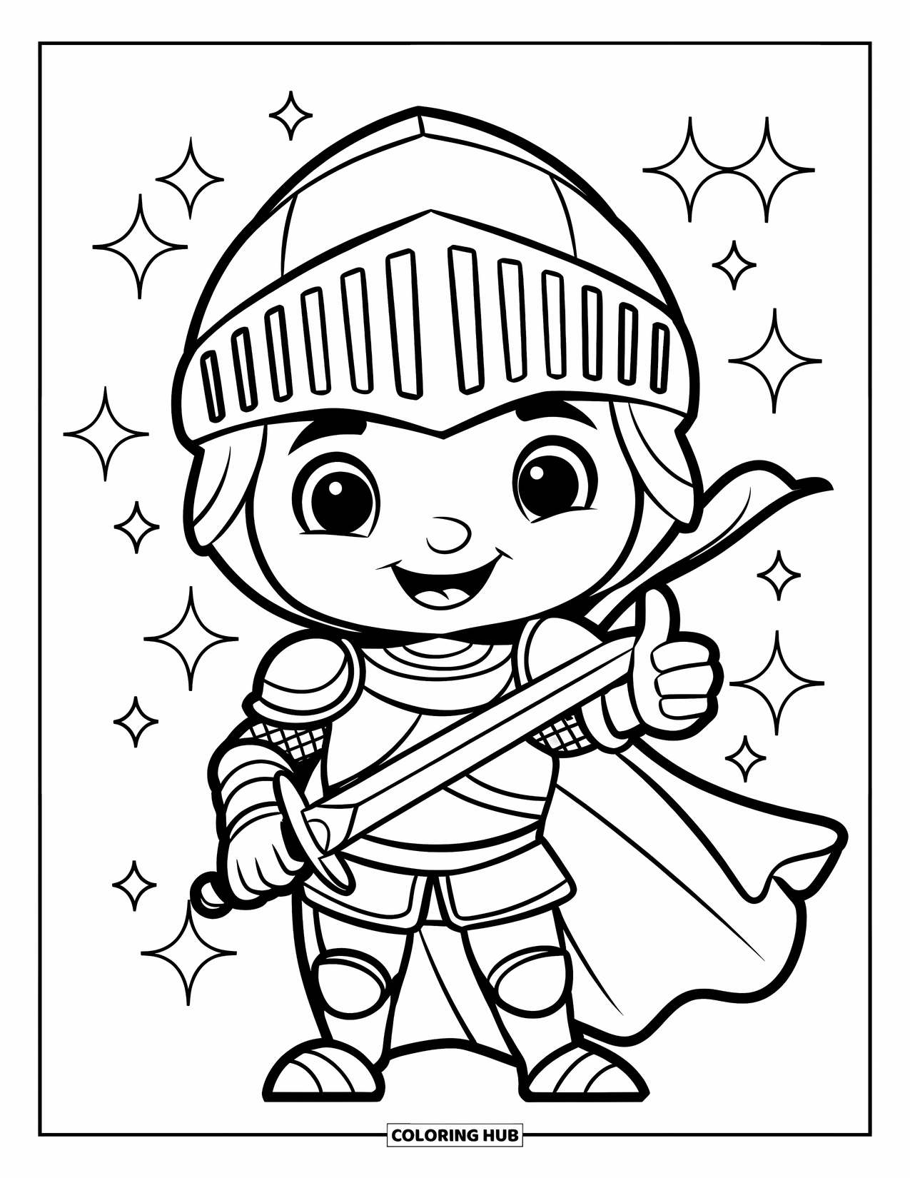 Knight Coloring Page for Kids: A cute knight gives a thumbs-up with sparkles all around