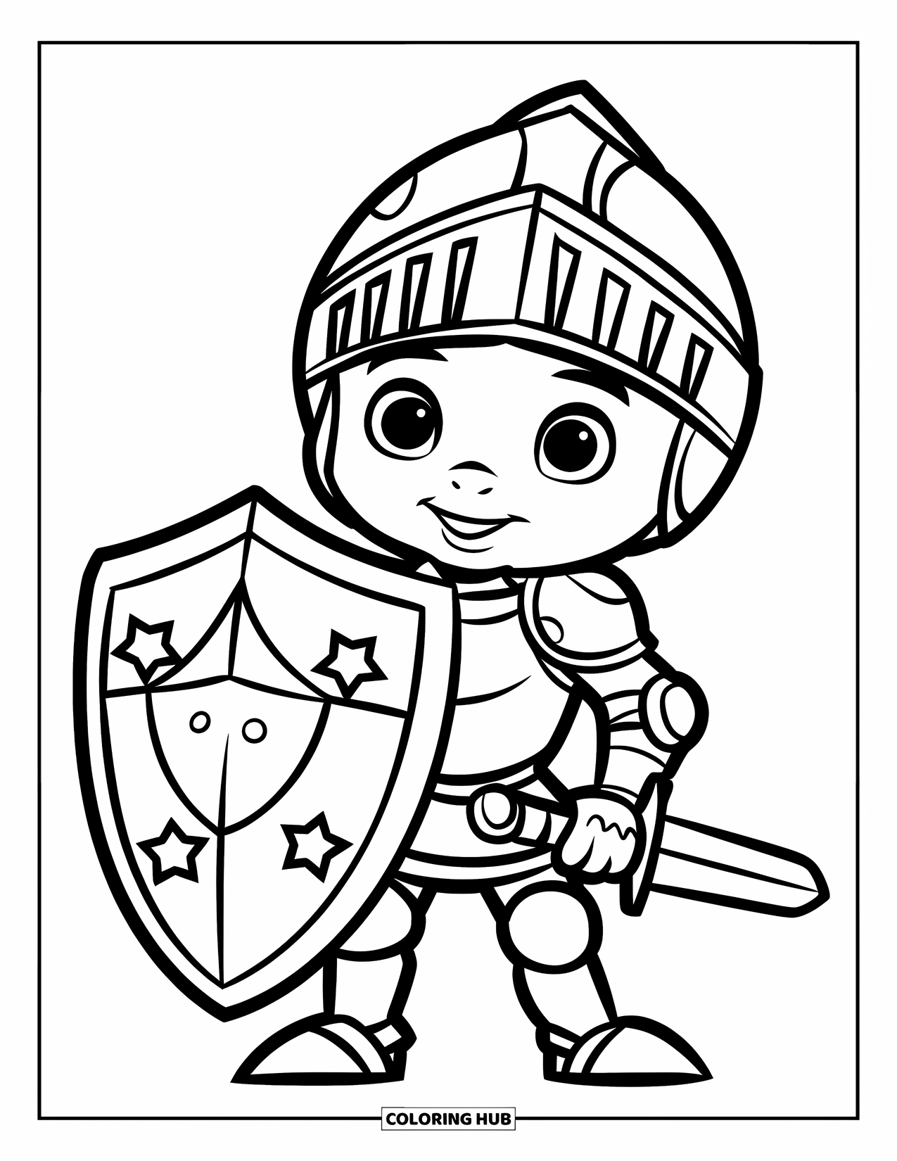 Knight Coloring Page for Kids: A cute knight holds a shield with stars and a tiny sword, ready to defend