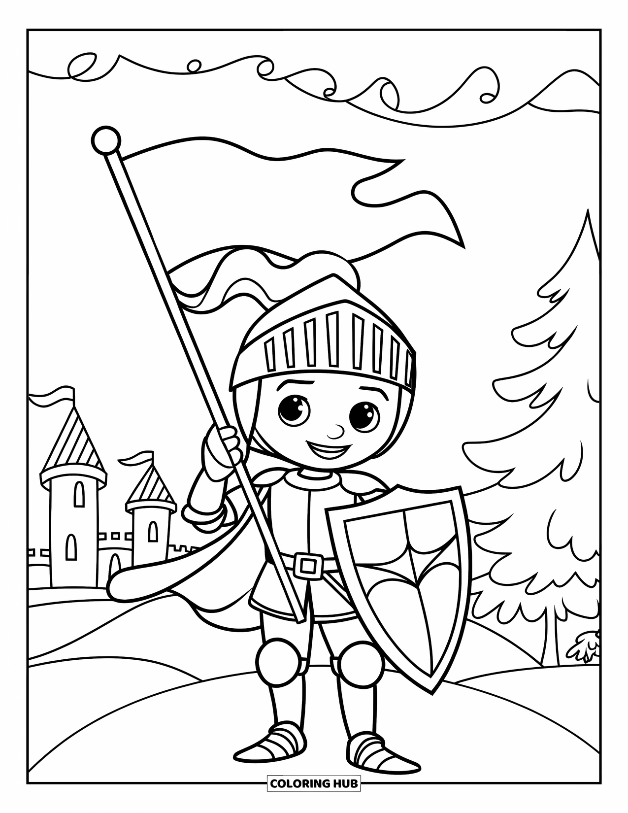 Knight Coloring Page for Kids: A friendly knight stands on a hill with a flag near a forest and castle