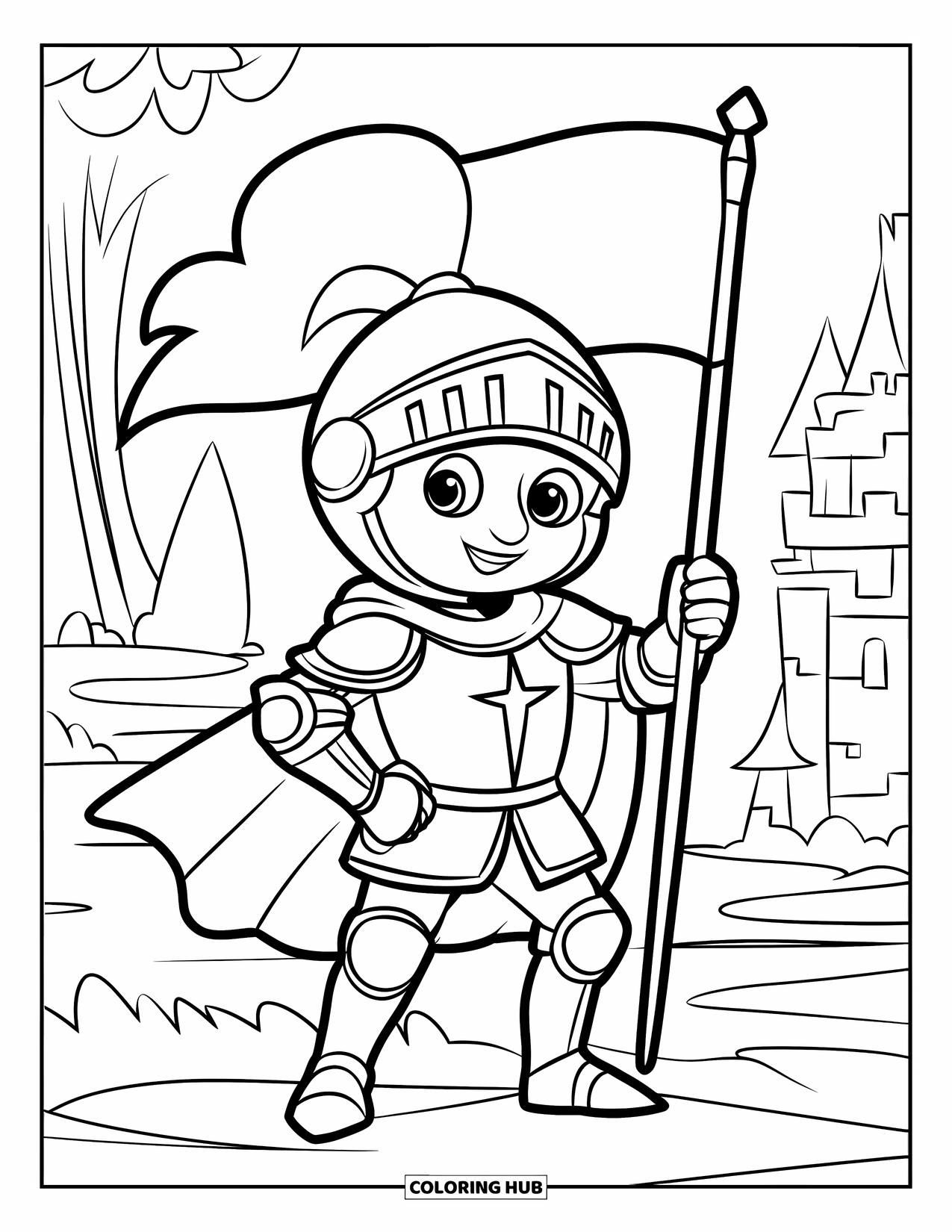 Knight Coloring Page for Kids: A friendly knight with a crown-like helmet holds a flag on rocky ground near a castle