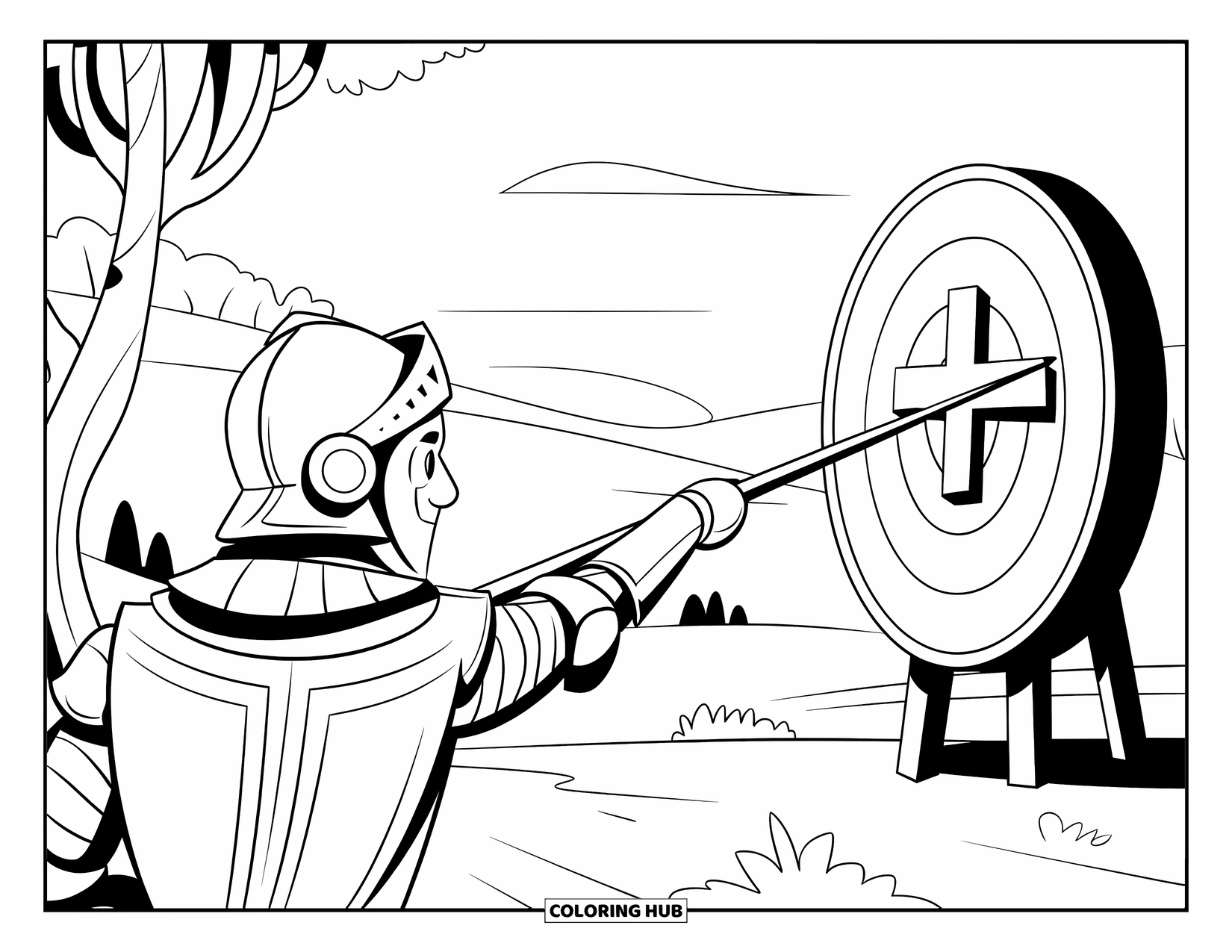 Knight Coloring Page for Kids: A knight aims at a cross-marked target with trees and hills in the background