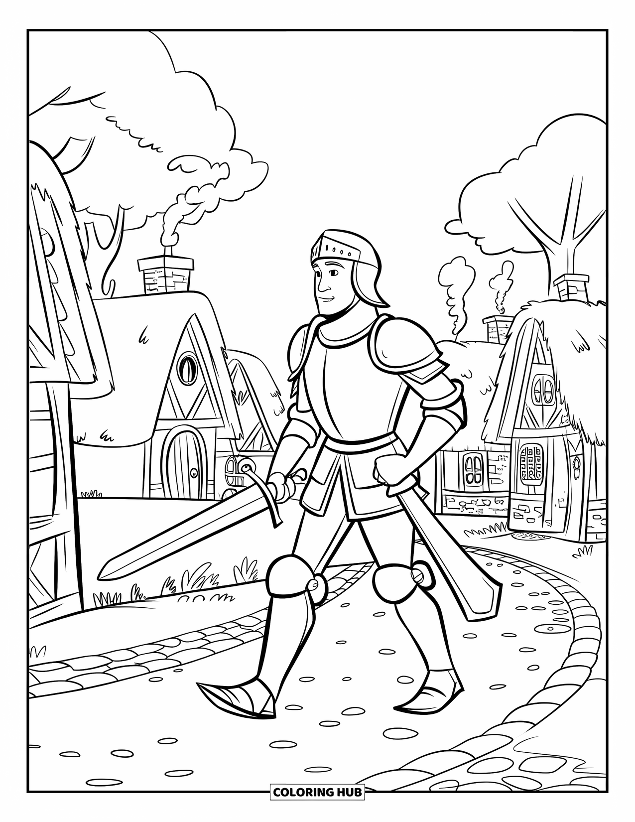 Knight Coloring Page for Kids: A knight carrying a sword walks through a village with winding trees and smoking chimneys