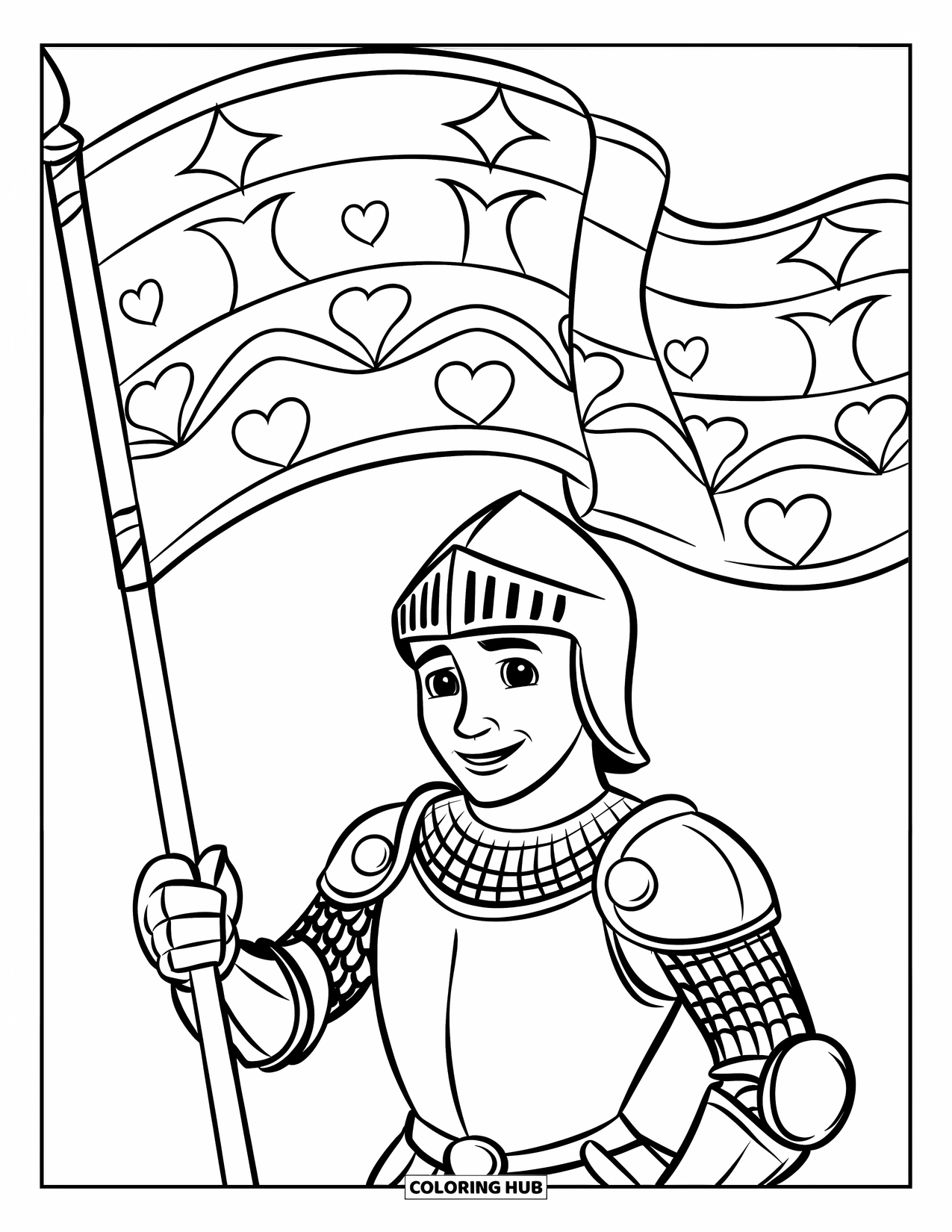Knight Coloring Page for Kids: A knight holds a banner with stars, waves, and hearts in a clear setting