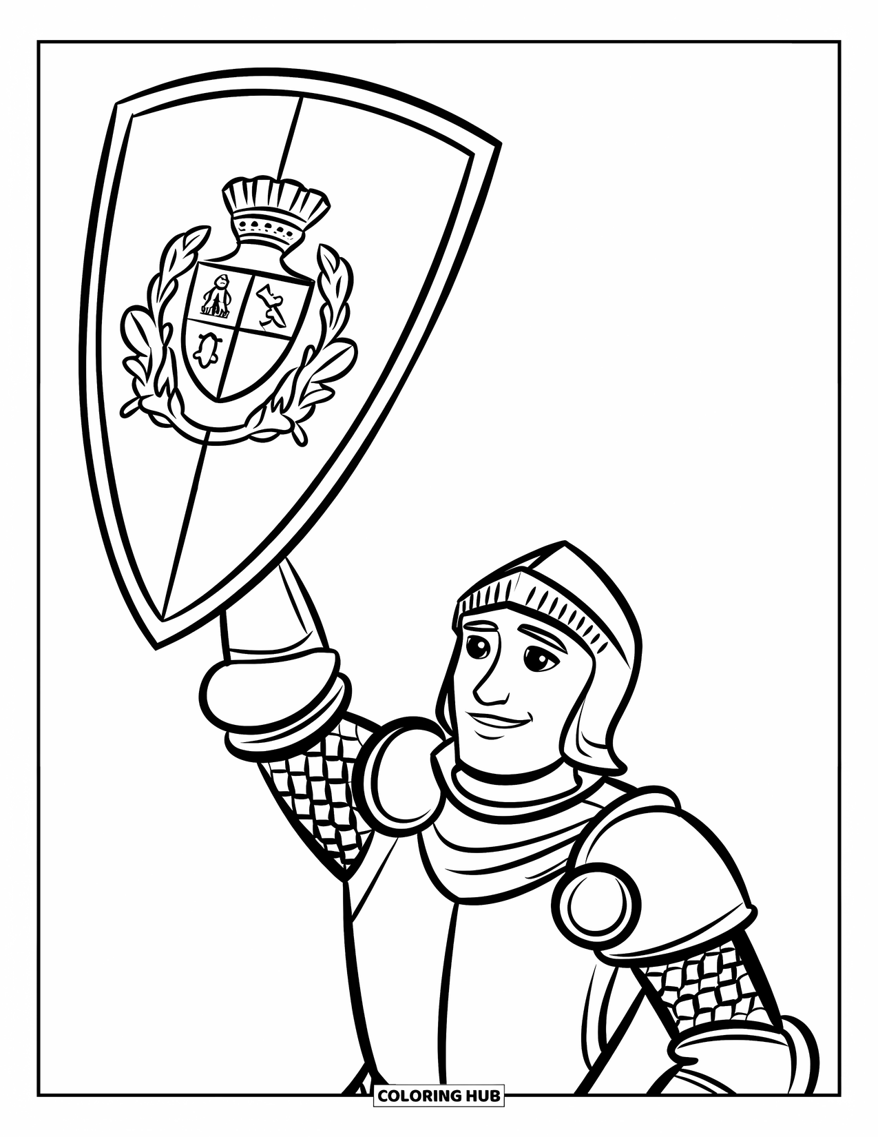 Knight Coloring Page for Kids: A knight in armor raises a family crest shield in a bold, heroic stance