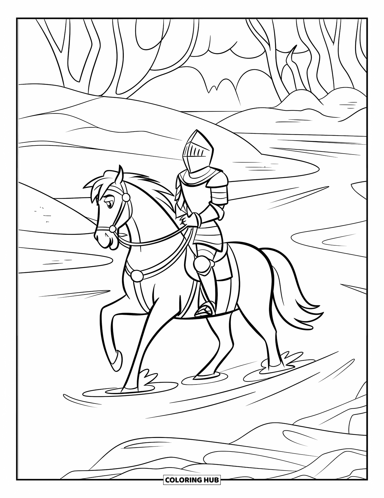 Knight Coloring Page for Kids: A knight in armor rides through a flowing river surrounded by trees and rocks