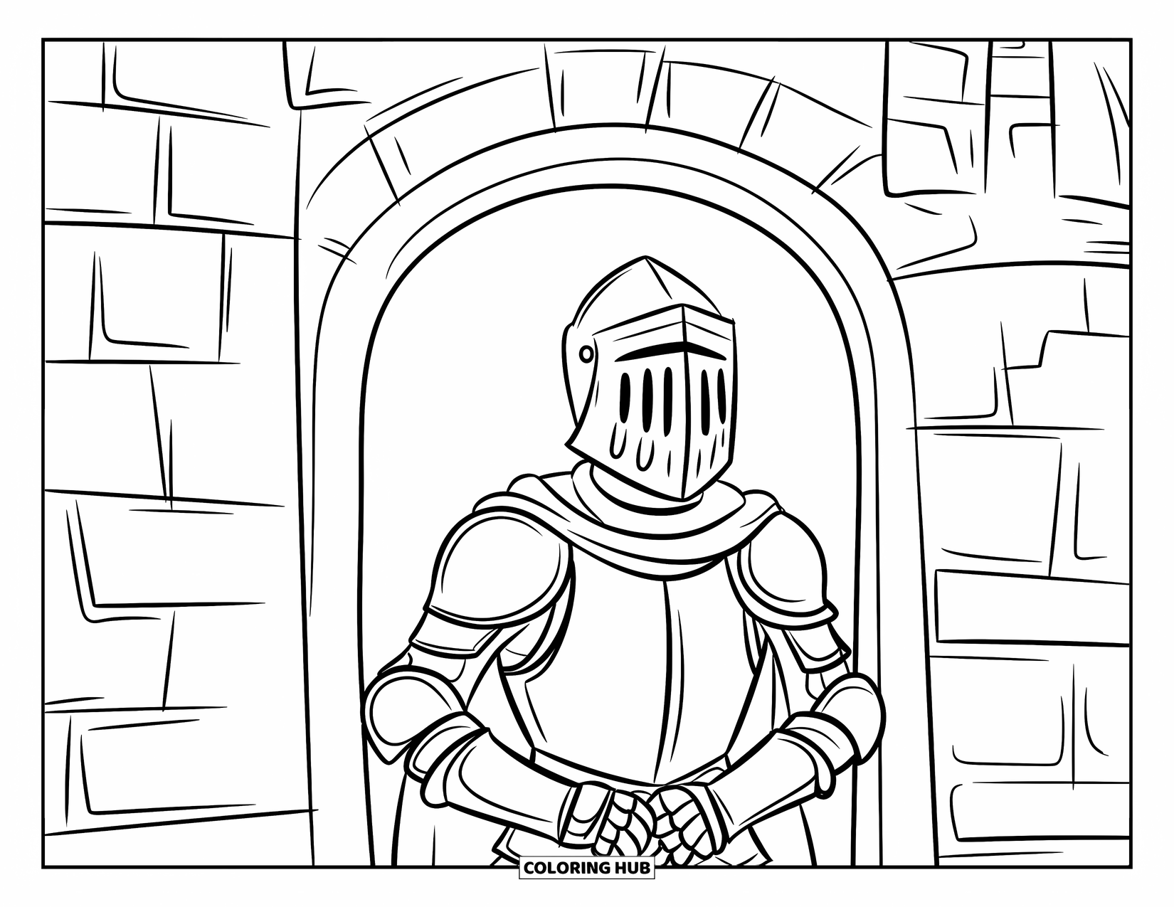 Knight Coloring Page for Kids: A knight in armor stands guard beneath a carved stone archway and castle towers