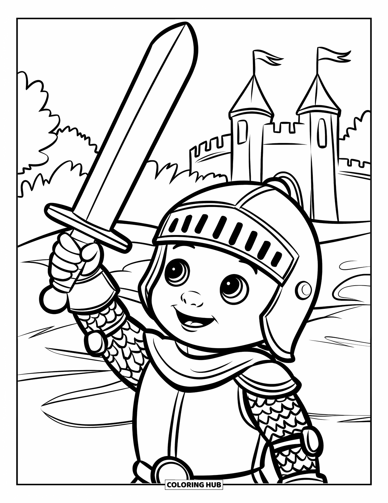 Knight Coloring Page for Kids: A knight lifts a toy sword under trees and a nearby castle
