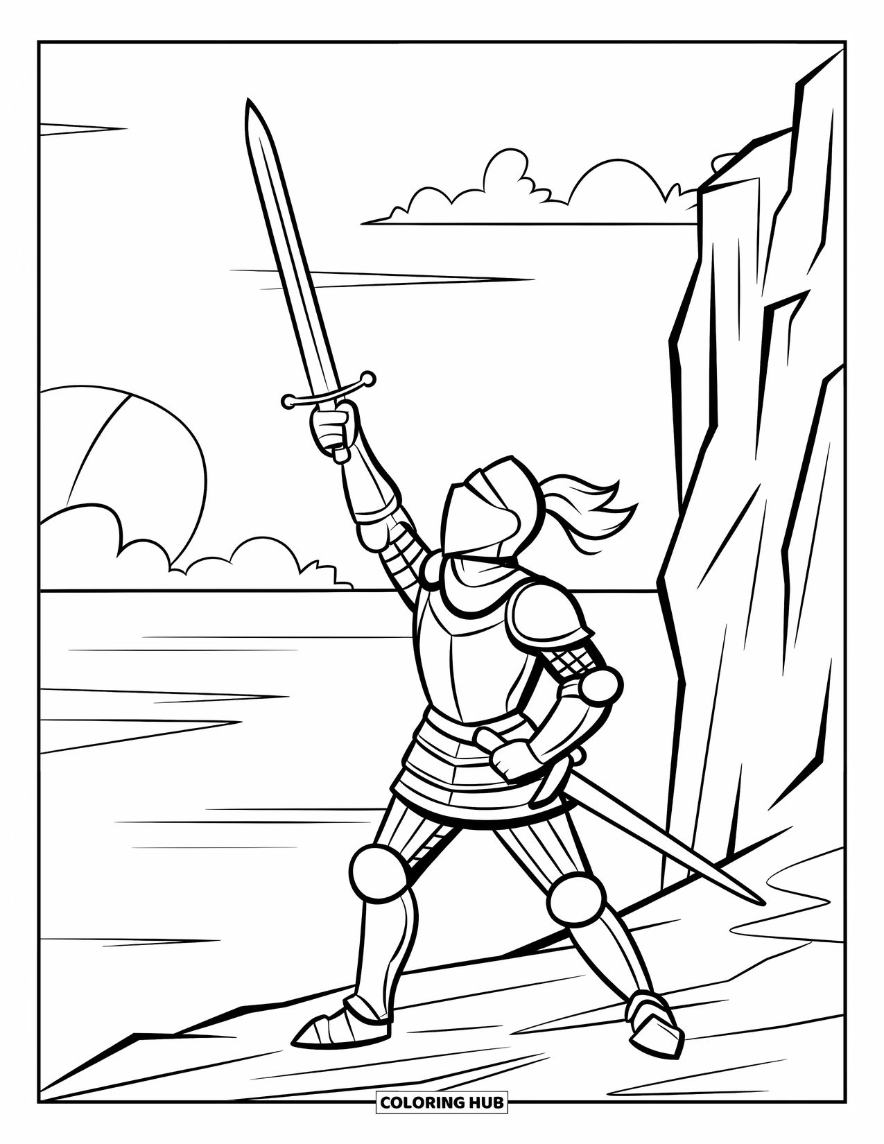 Knight Coloring Page for Kids: A knight lifts his sword at dawn beside a cliff with a castle in the distance